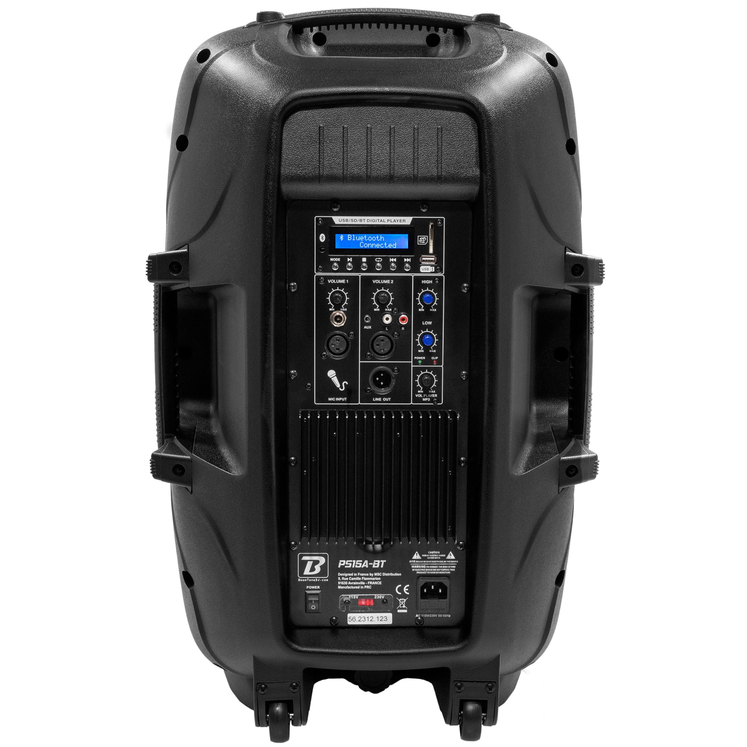 15" czarny 2-drożny aktywny głośnik - Moc 450 W - bezprzewodowe połączenie Bluetooth - wejście mikrofonowe/liniowe - wbudowany odtwarzacz USB/SD - TWS - potężny i wszechstronny - idealny dla DJ-ów,