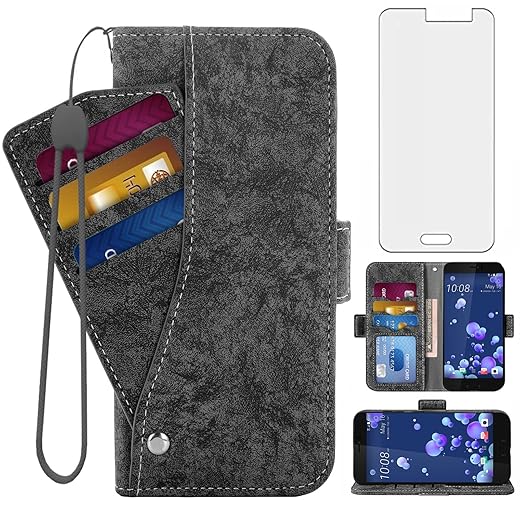Asuwish Compatible with HTC U11 Wallet Case and Tempered Glass Screen Protector Card Holder Kickstand Magnetic Stand Cell Accessories Flip Leather Phone Cover for U 11 Women Men Purple