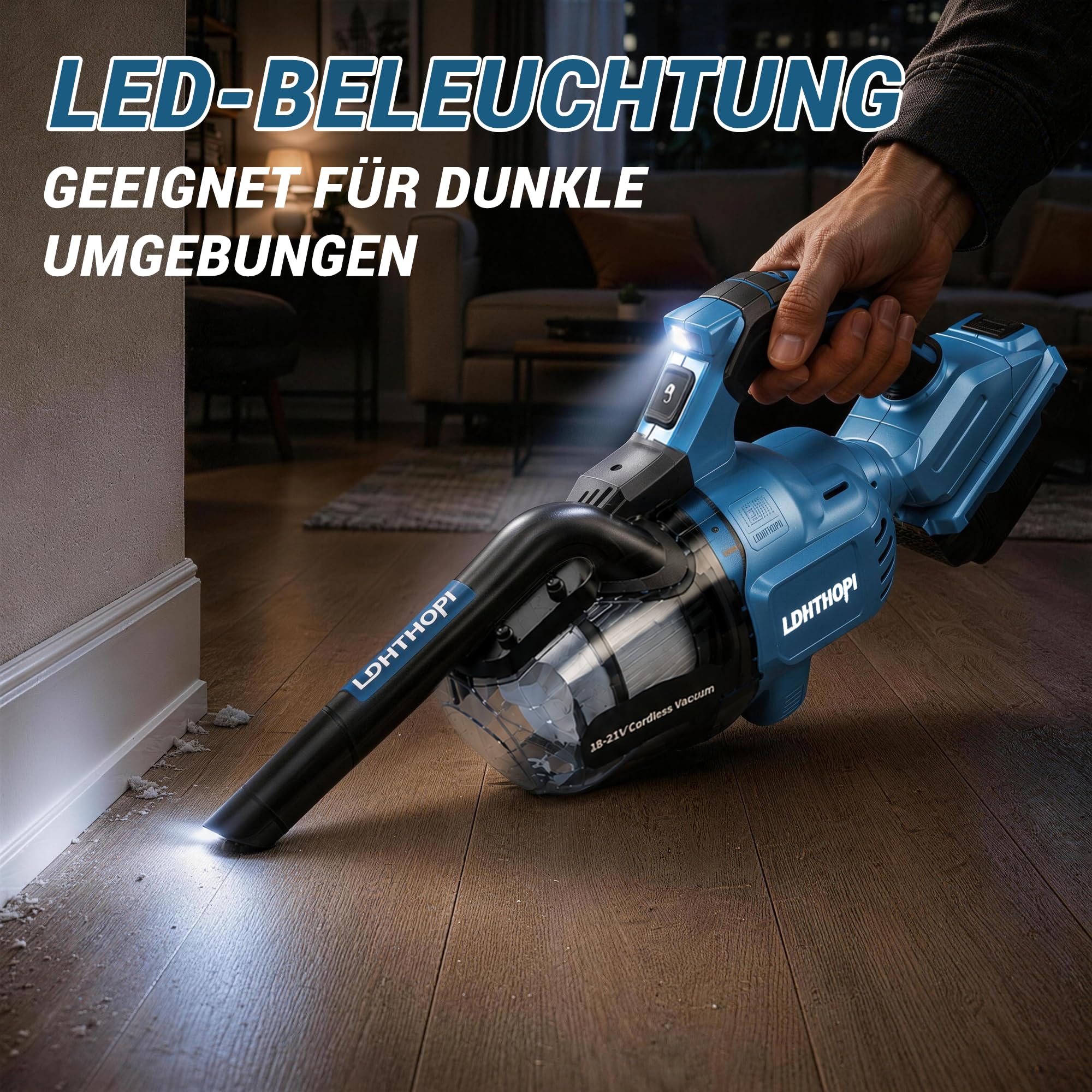 LDHTHOPI Akku Staubsauger für Makita 18V,20000 Pa Starke Saugleistung,1,28 kg Leichter Staubsauger mit HEPA-Filter,5in1 Handstaubsauger mit LED-Licht Für Teppich,Hartboden,Möbel,Auto (Ohne Akku) Blau