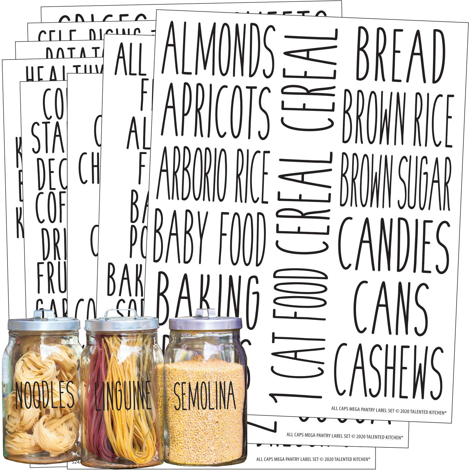 Talented Kitchen136 Pantry Labels for Food Containers, Preprinted Clear Kitchen Food Labels for Organizing Storage Canisters & Jars, Black All Caps + Numbers Stickers (Water Resistant)