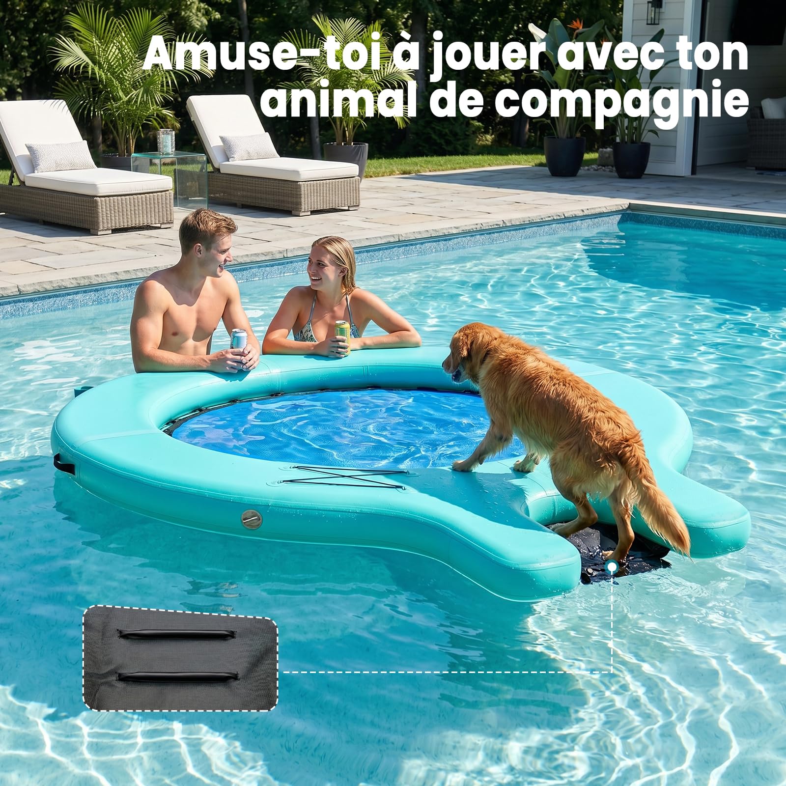 SOLAVERO Hamac Aquatique Gonflable avec Rampe pour Chien | Bouée Flottante pour Adultes et Animaux, Radeau pour Lac, Plateforme pour Piscine, Mer et Rivière