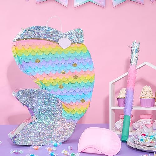 Miniatura 255 de WERNNSAI - Piñata de sirena plegable, piñata de cumpleaños con flecos que incluye cuerda para jalar, venda y bate. Decoraciones