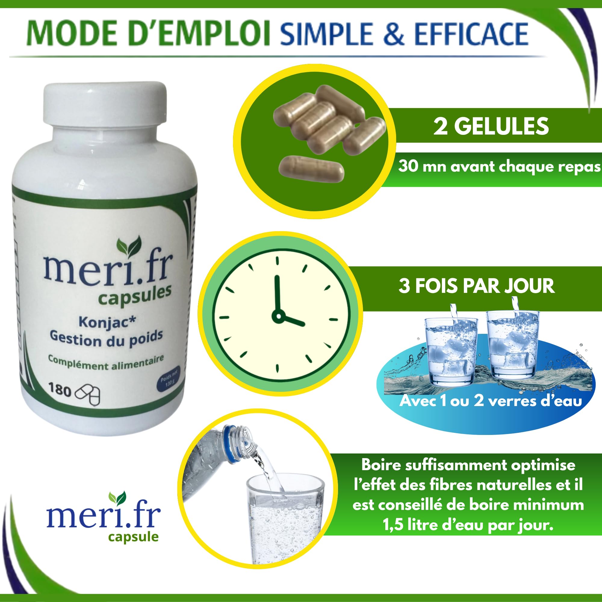 Meri.fr Complément Alimentaire Konjac Glucomannane, Fibres Naturelles, Vegan, Sans Gluten, 180 Gélules Végétales - lot de 2x180 capsules