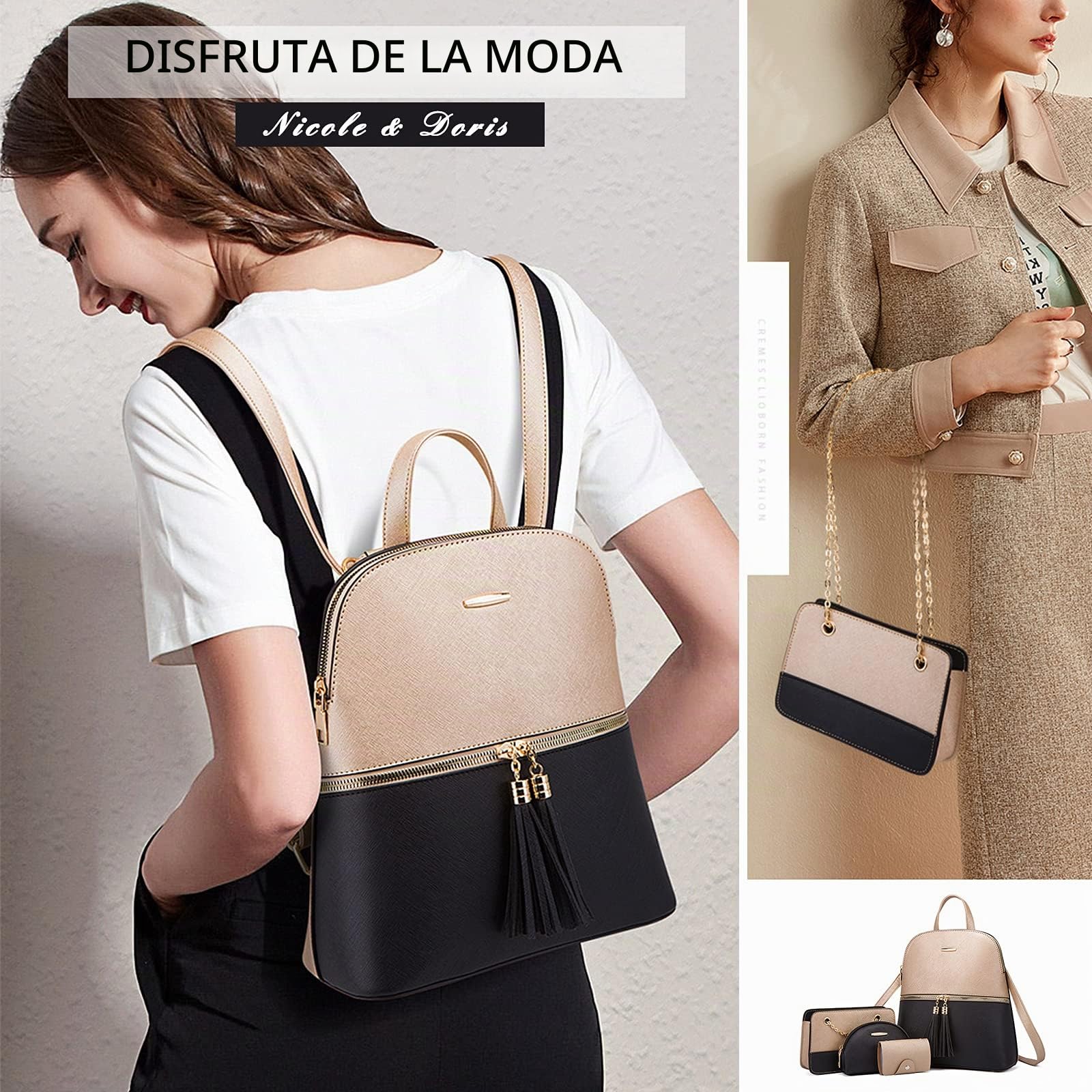 NICOLE & DORIS Mochila Mujer Bolso Mochila Mujer Pequeño Casual de Moda Antirrobo Mochilas Cuero PU Backpack Establecer 4 en 1