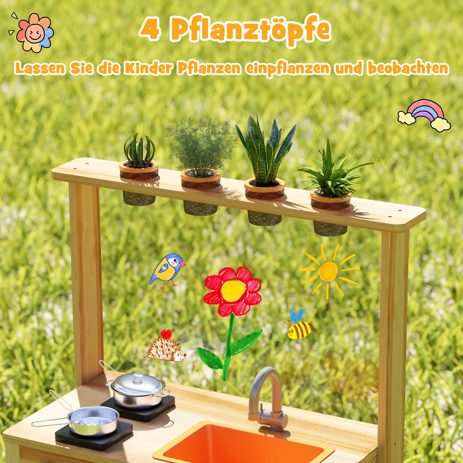 DREAMADE Matschküche Kinder Outdoor, Kinderküche mit Tafel & Acryl-Tafel & Pflanzentöpfen & Herd & Spüle, Outdoor Küche aus Tannenholz mit 10 TLG. Zubehör