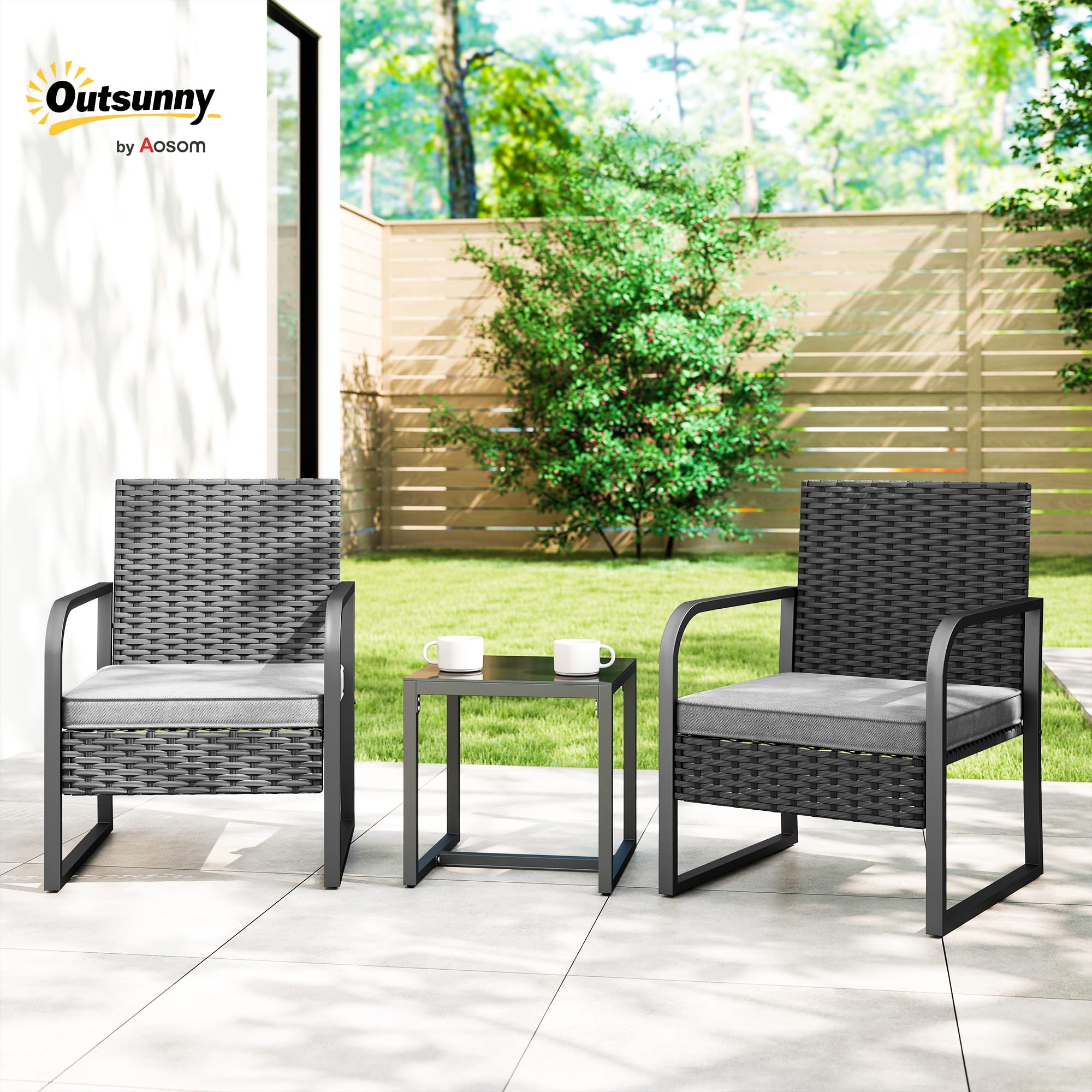 Outsunny Set da Giardino 3 Pezzi in Rattan PE e Acciaio, Set 2 Sedie con Cuscini Lavabili e Tavolino da Caffè con Piano in Vetro, Set di Mobili da Balcone, per Patio e Cortile, Grigio Scuro e Nero
