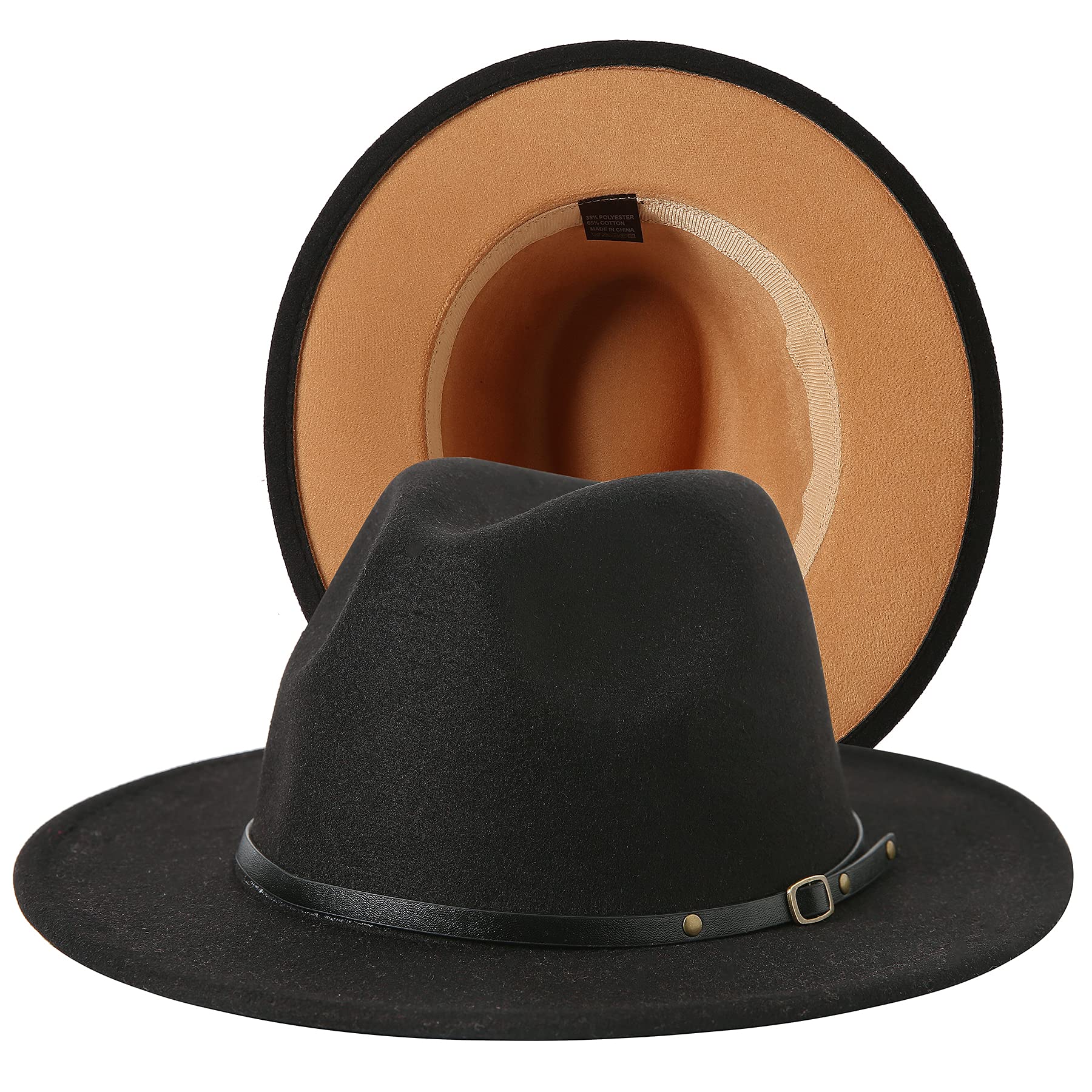 JOYEBUYWomen Lady Two Tone Wide Brim Panama Hat Patchwork Colors Classic Fedora Hat with Belt Buckle