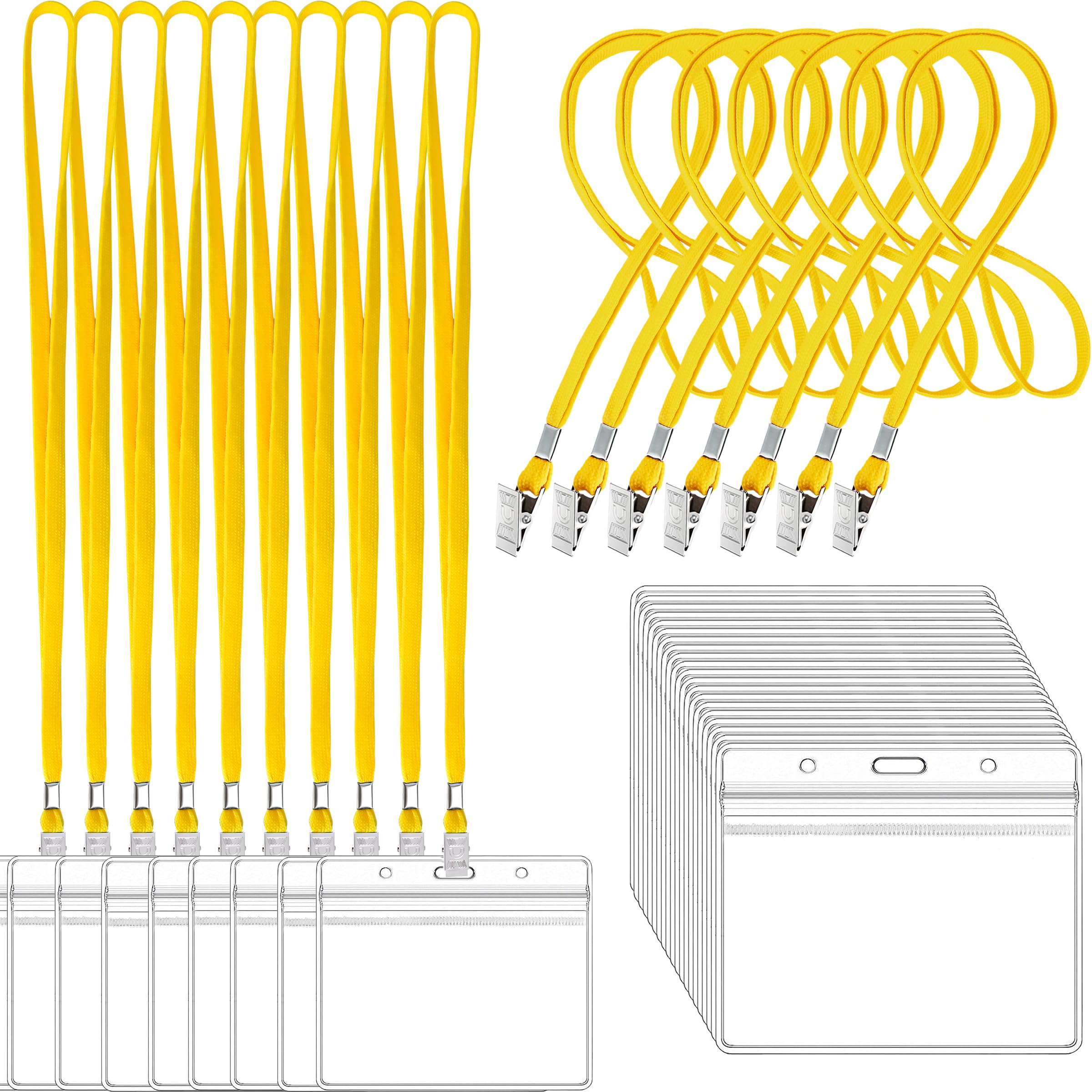 Photo 1 of 100Pcs Clear Plastic Horizontal Name Tags Badge ID Card Holders and 100Pcs Lanyards with Clip (Yellow)