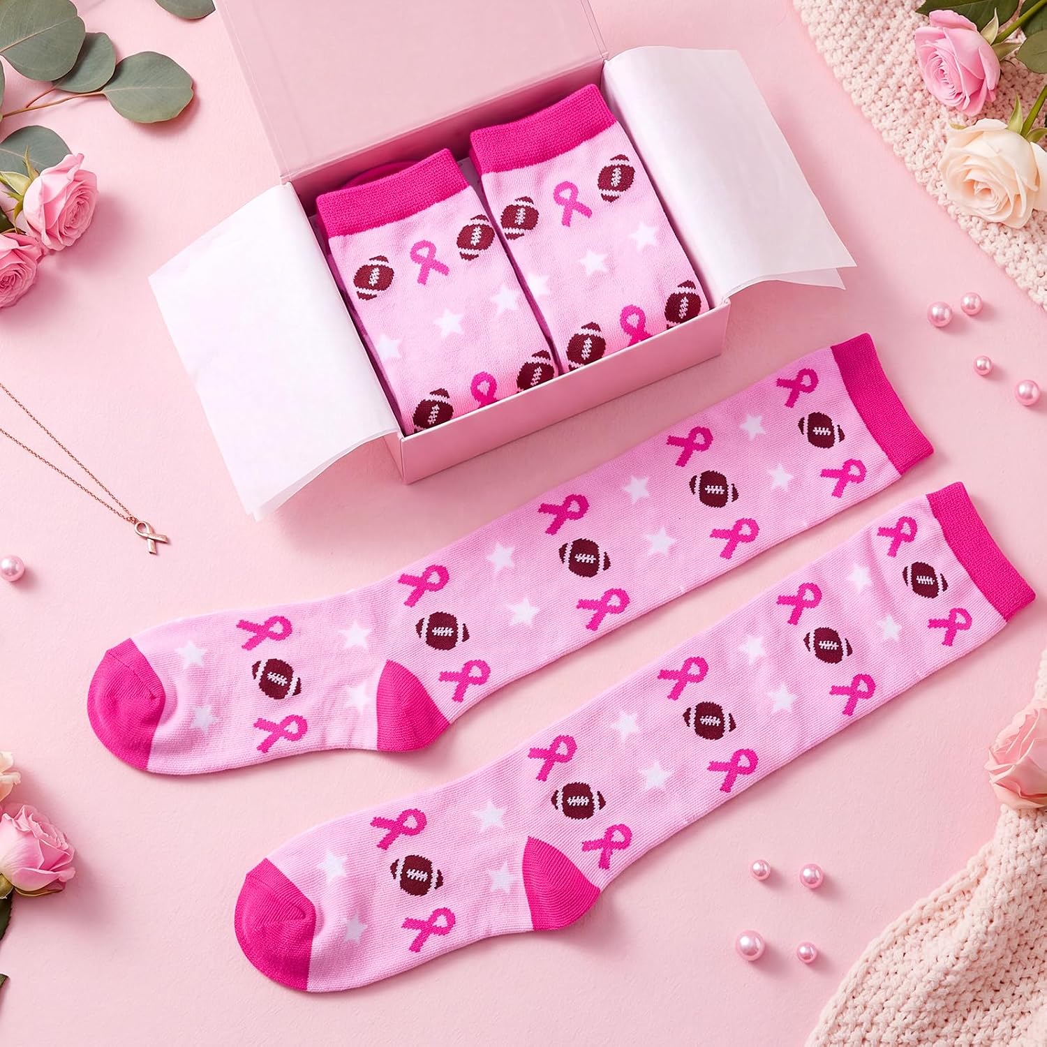 Geyoga 2/4/6/12/24/48 Pairs Pink Breast Cancer Awareness Socks Bulk Women