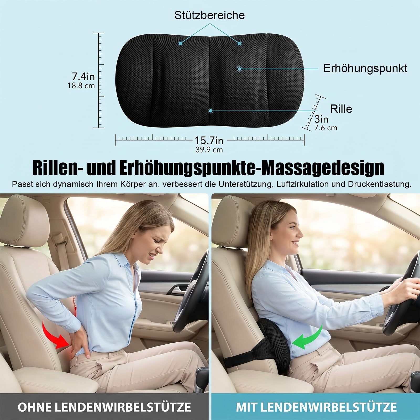 Verstellbares Lendenwirbelstützkissen für Auto & Bürostuhl - Ergonomisches Memory-Schaum Lendenkissen für Unteren Rücken & Taille - Lordosenstütze mit Atmungsaktivem 3D-Mesh-Bezug
