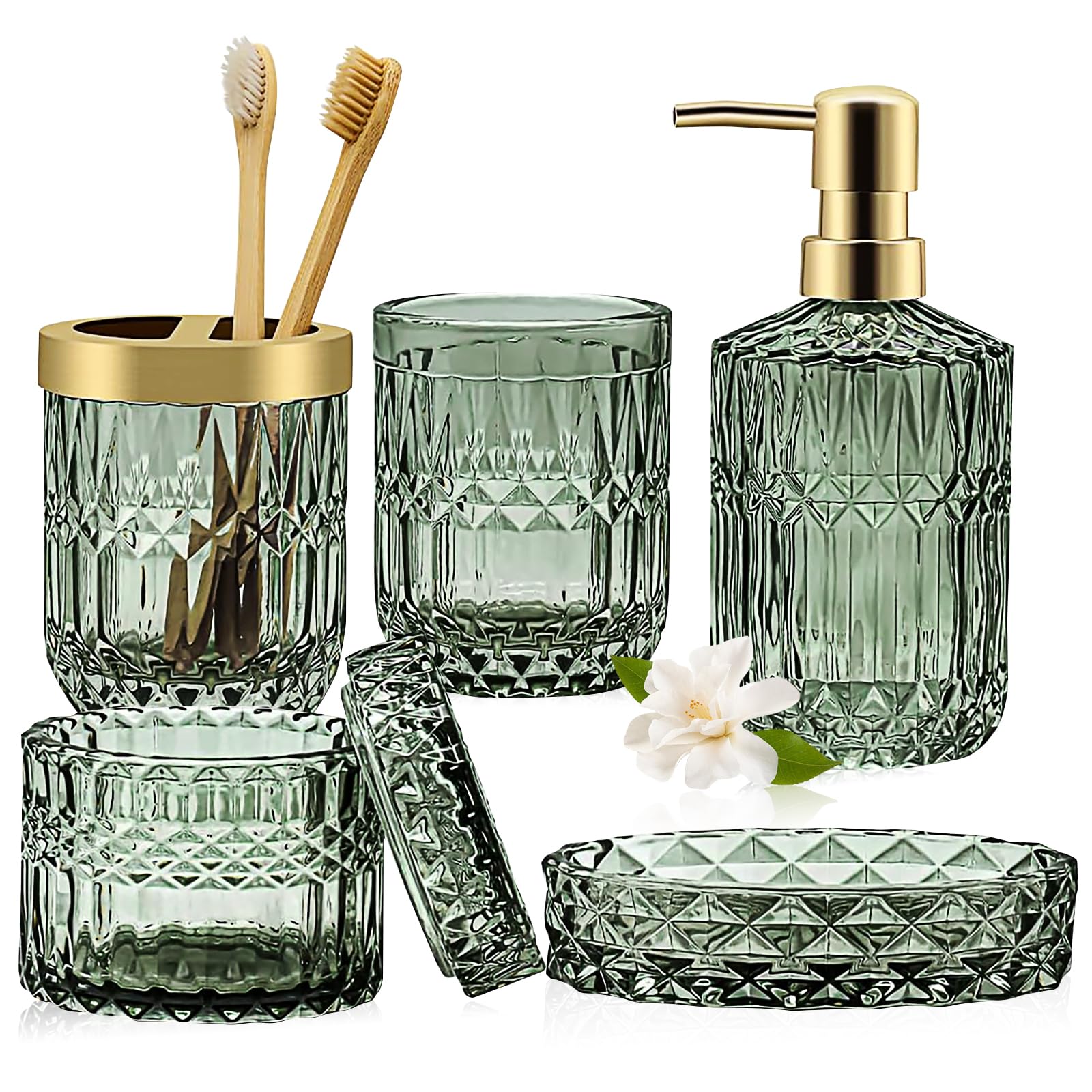5 Stück Grünes Glas Badezimmer Zubehör Set, Glas Badezimmer Accessoires Set von Lotionspender,Seifenschale,Zahnbürstenhalter,Becher,Wattestäbchen Badezimmer Deko Set für Modernes Bad,Vintage Geschenk