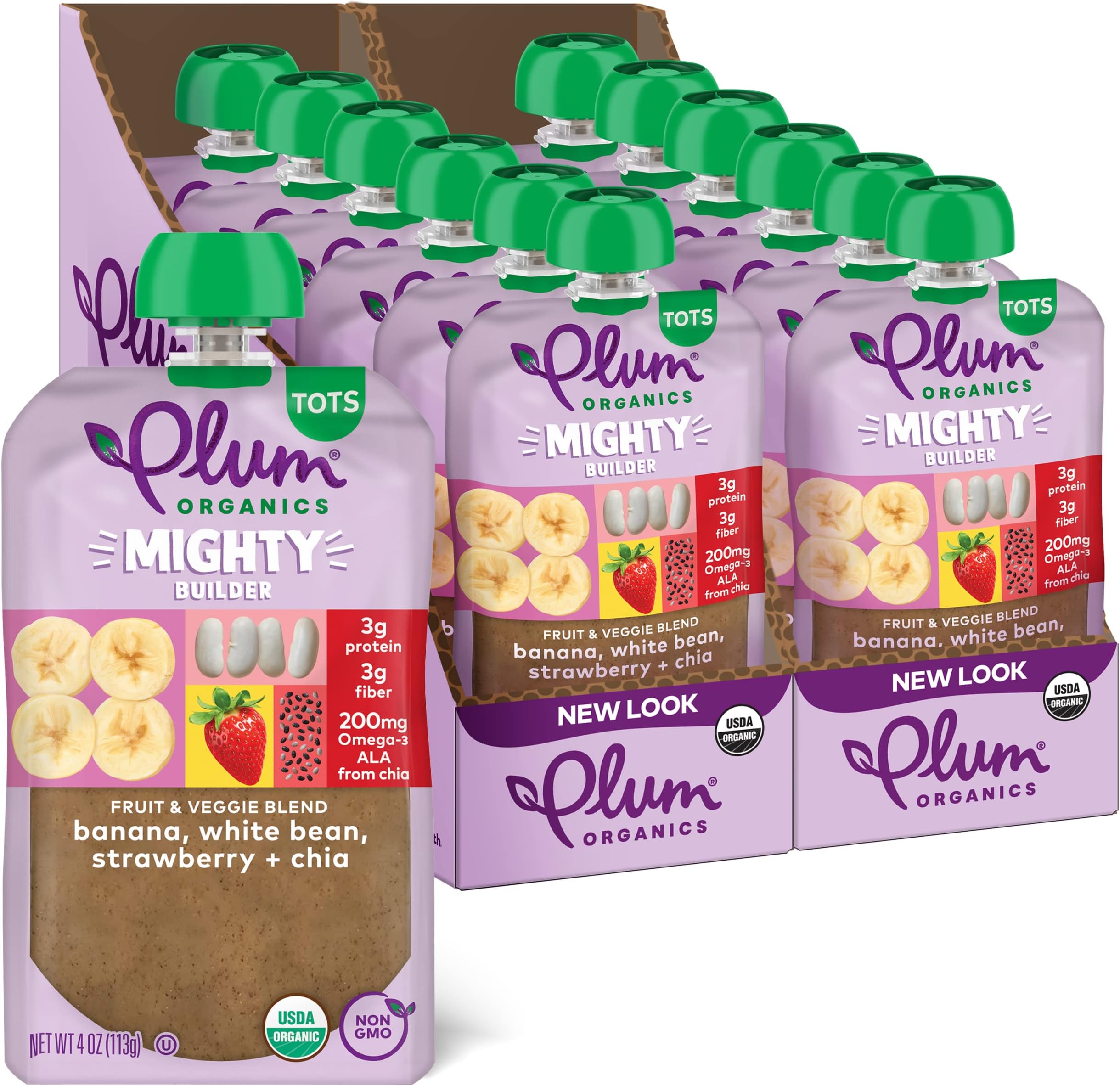 Plum Organics Mighty Builder Organic Toddler Food - Banana, White Bean, Strawberry, and Chia - Organic Fruit and Vegetable Toddler Food Pouch - Quality Tested Ingredients - 4 oz (Pack of 12)