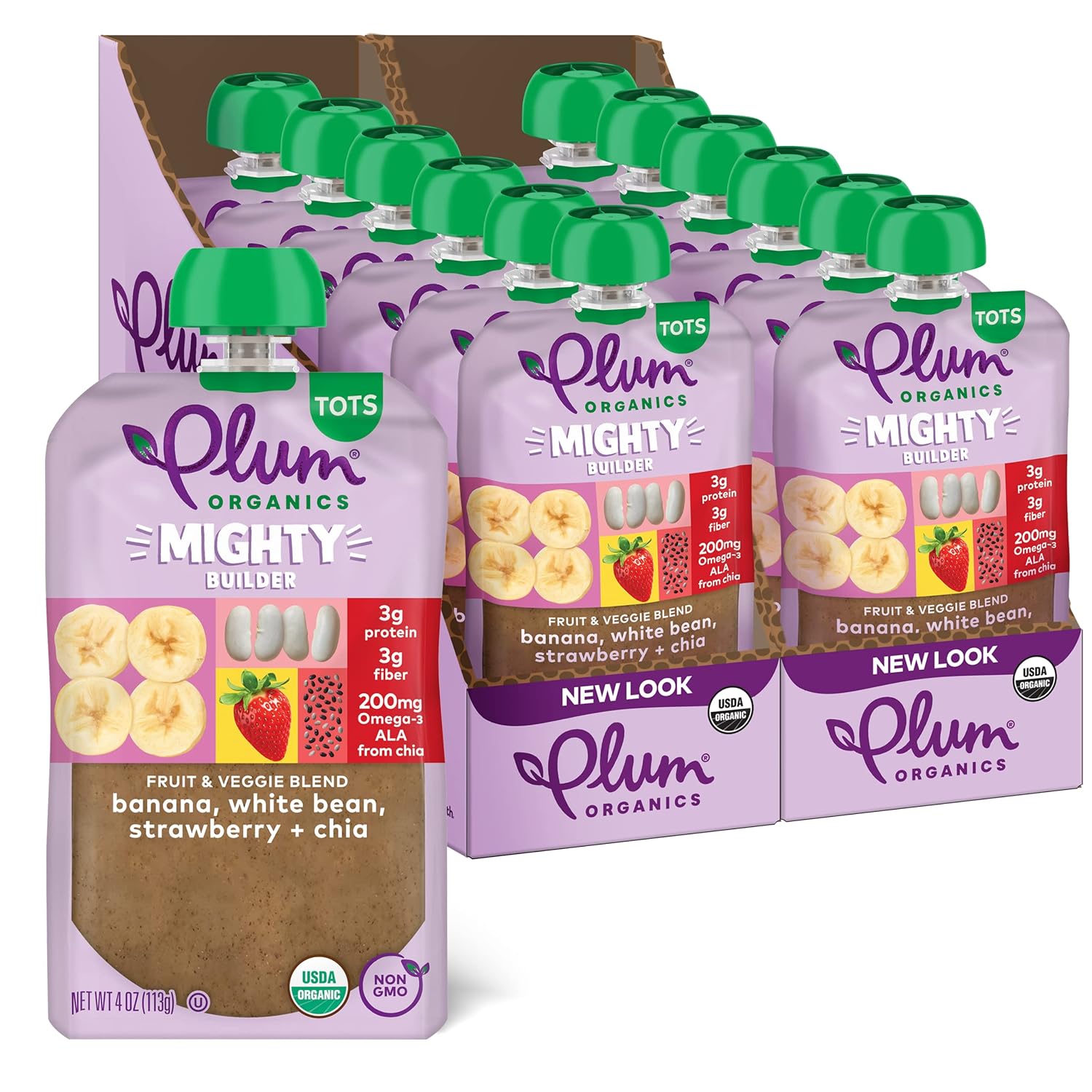 (Best by 06/DEC/2024) Plum Organics Mighty Builder Organic Toddler Food - Banana, White Bean, Strawberry, and Chia - 4 oz Pouch (Pack of 12) - Organic Fruit and Vegetable Toddler Food Pouch Banana, White Bean, Strawberry & Chia 4 Ounce (Pack of 12)