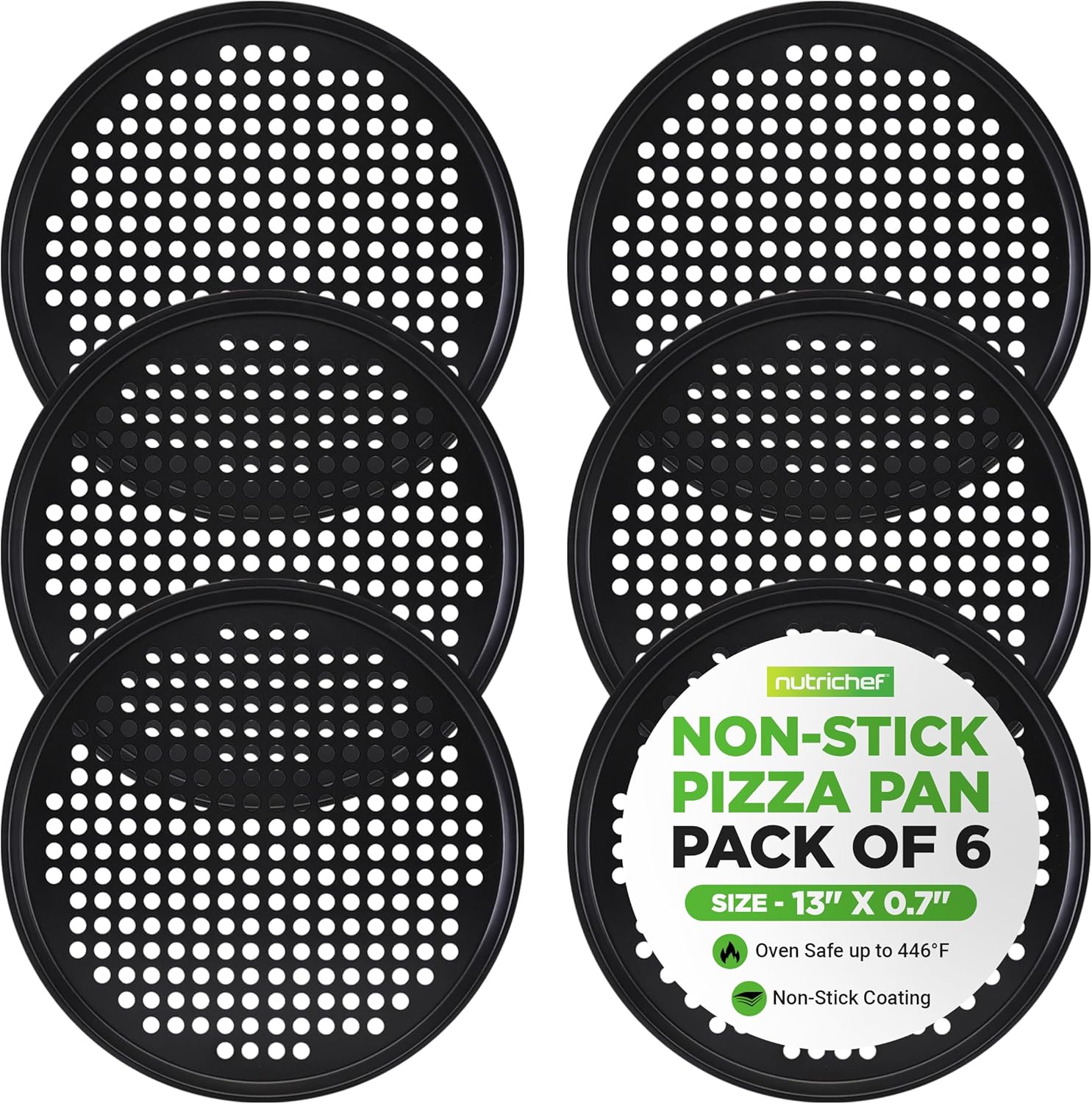 NutriChef 6-Pack13 Non-Stick Pizza Pans, Round Pizza Pans for Oven, Commercial-Grade Carbon Steel, Non-Stick Gray Coating, Ideal for Baking Pizza, Cookies and More, Dishwasher Safe