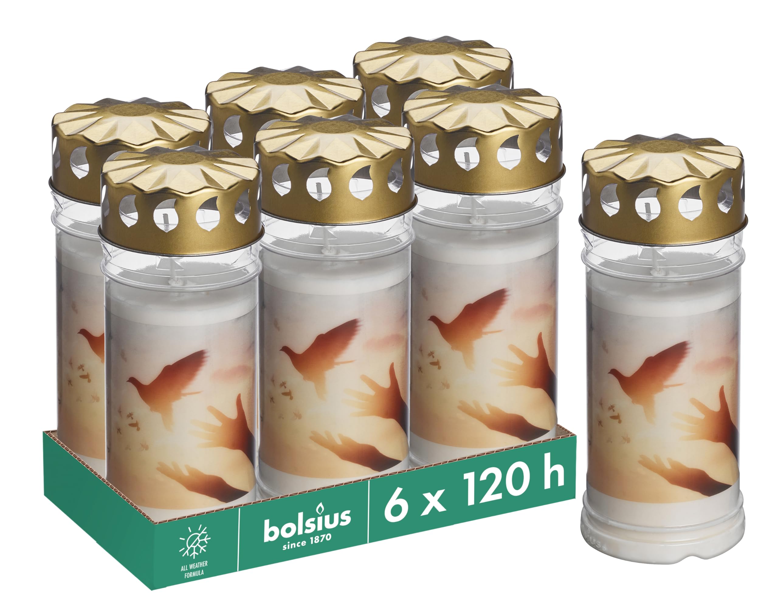 Bolsius Grave Light – White – Pack of 6 – Length Burning Time 120 Hours – Funeral Candle & Memorial Candles – with Motif – Dove – Unscented – Without Palm Oil – No. 5