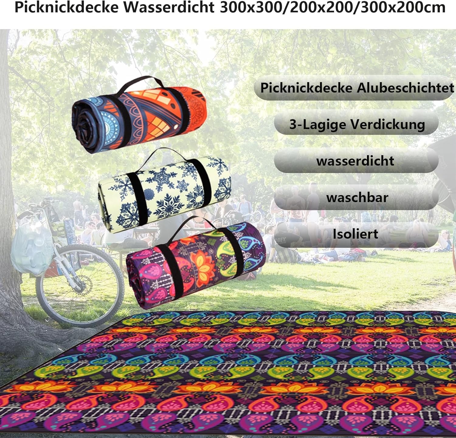 Bardzo duży wodoodporny koc piknikowy z folią aluminiową, 3-warstwowa konstrukcja na kemping, zajęcia na świeżym powietrzu i do użytku w ogrodzie
