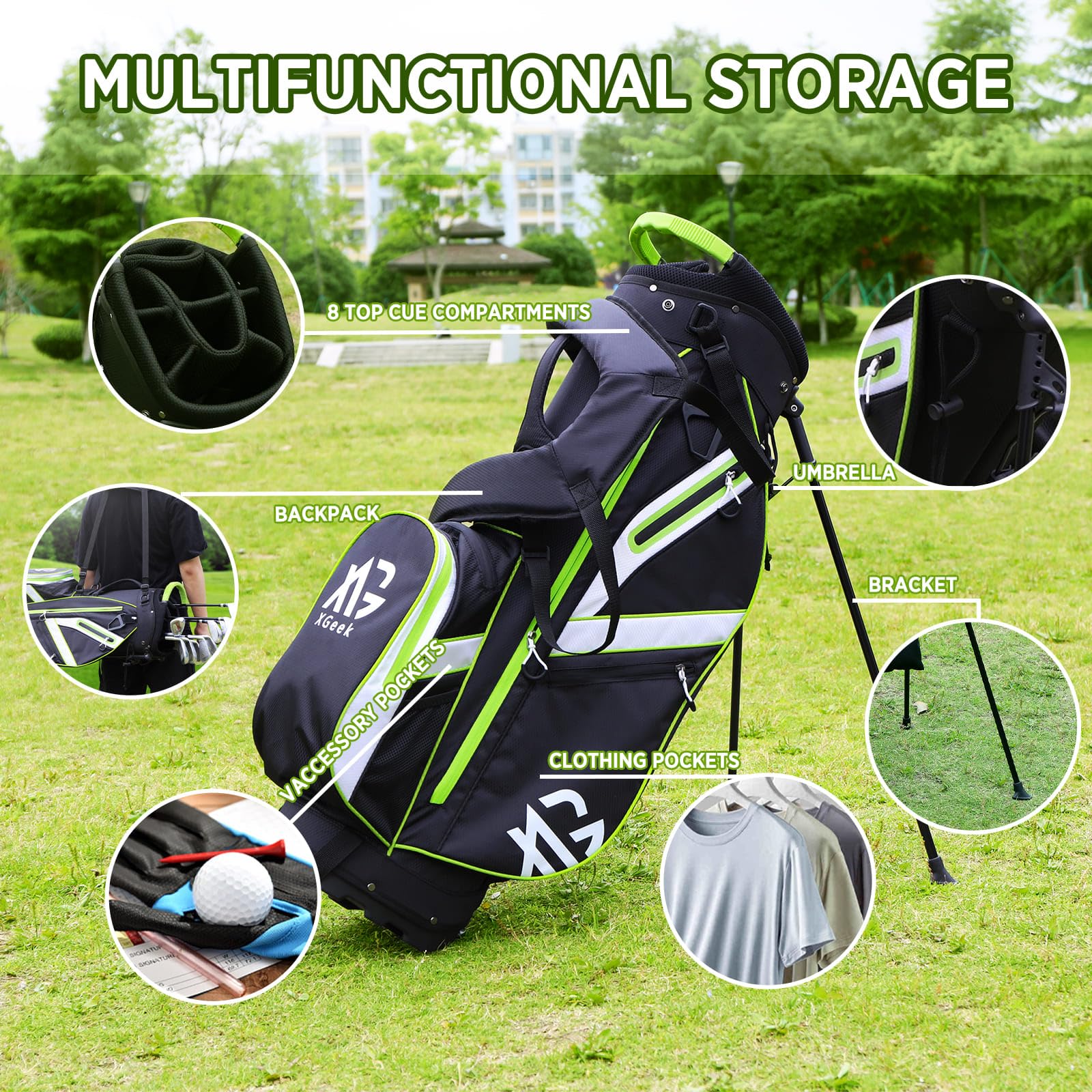 XDriveMax Golfbag, leichtes Golf standbag mit 8-facher Unterteilung für Herren und Damen,Premium Golf Bag mit Regenhülle, Kühlfach und Golfzubehör Kit