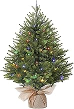 Alupssuc 2 Feet Pre-Lit Mini Artificial Christmas Tree, Poly Branches with Burlap Bag Base, Colorful LED Lights, 12 Light Modes, Christmas Decorations, Green