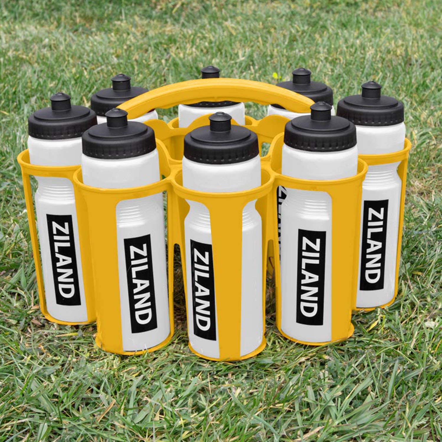Ziland Academy Easy Squeeze Water Bottle Set - [8 x 700ml Bottles 1 x Carrier] [Choose Your Colour] Designed for Sport Teams (Clear - Yellow Carrier)