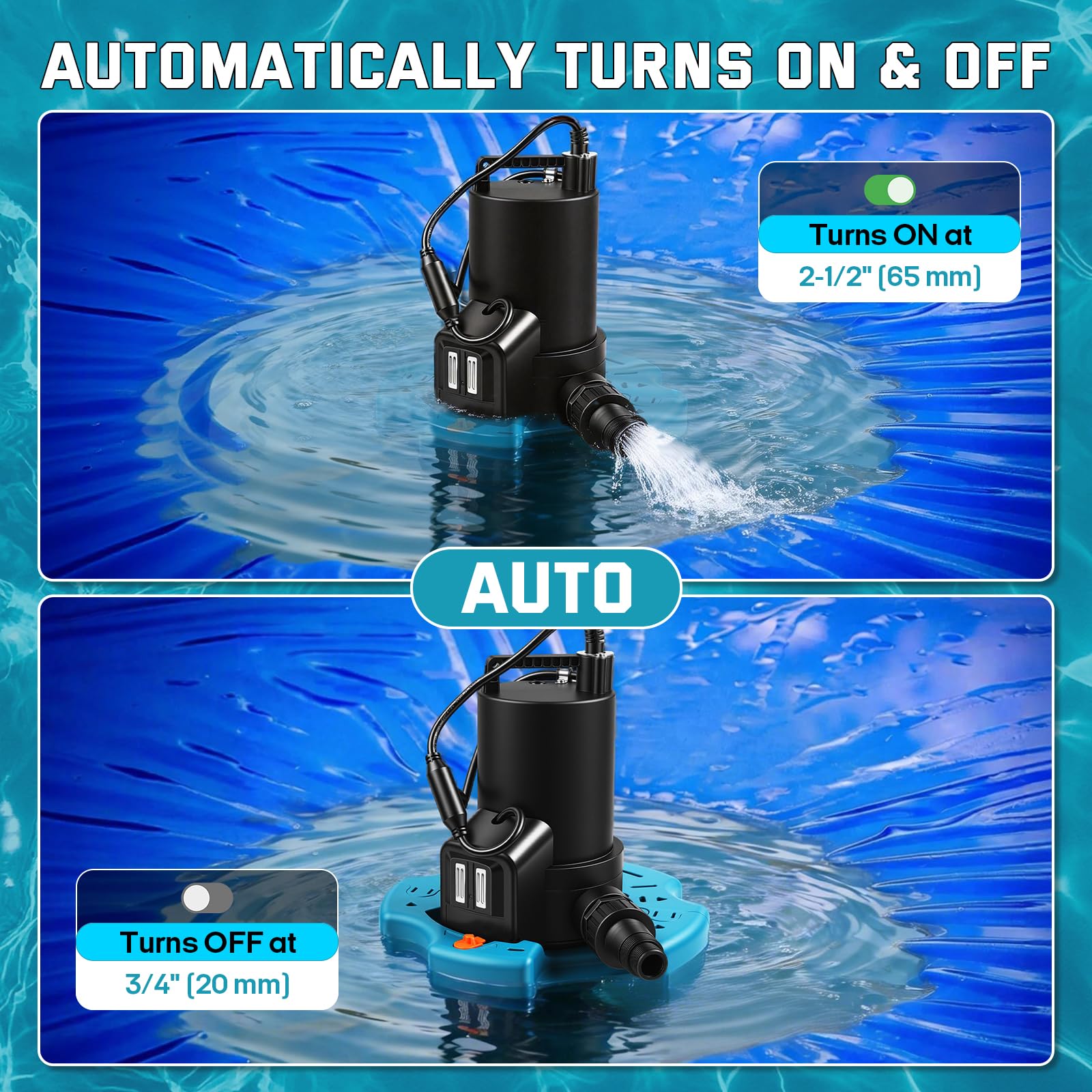 Bomba de agua automática de 1/3 HP, bomba de sumidero sumergible de 3035 GPH con red de filtro, cable de alimentación de 25 pies y válvula de retención, eliminación de agua