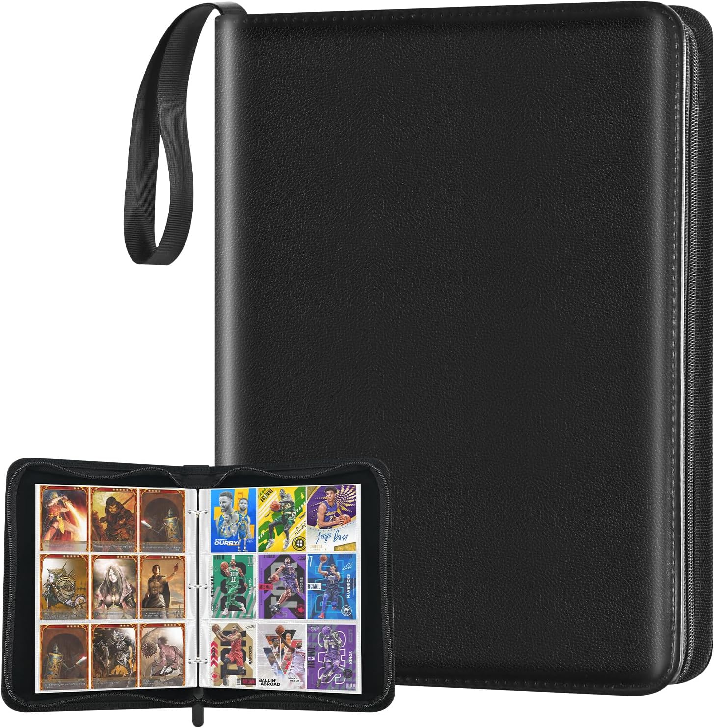 Xrunmix Trading Card Binder, 900 Pockets Card Sleeves with Zipper Card Display, Double Sided Pocket Sports Card Holder, Carry Case for Sports/Game Card(Black) (900 Pockets)