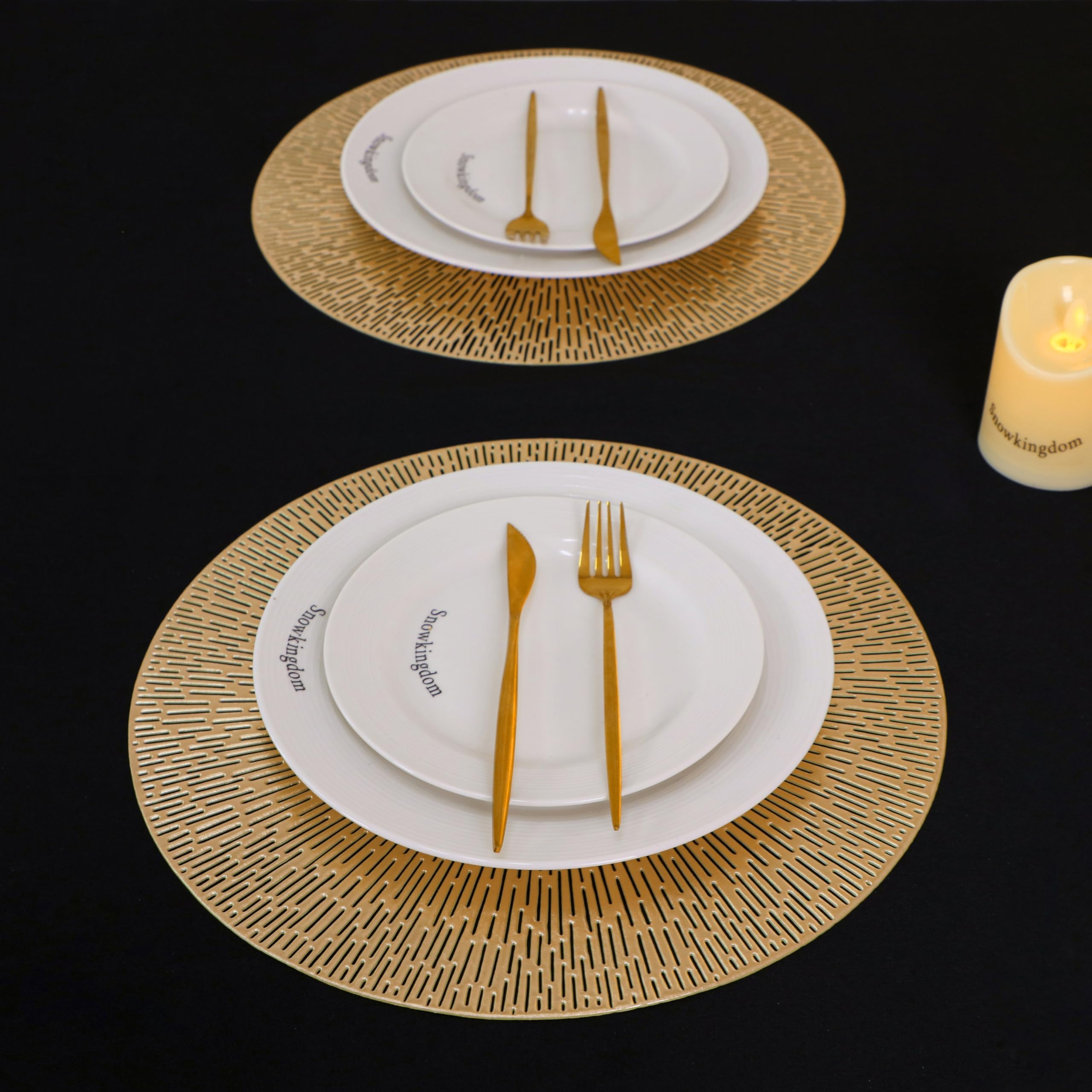 Snowkingdom, runde Hohle Tischsets aus Vinyl in Metalloptik, golden, 38,1 cm, waschbar, pflegeleicht, abwischbar, rutschfest, fleckabweisend, hitzebeständig, für Hochzeit, Party, Dekoration, 18 Stück