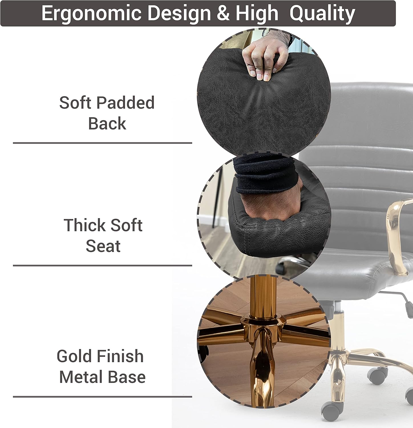 BTEXPERT Gray Faux Leather Adjustable Home Office Golden Arms Exectuive Chair High Back Manager Desk Armchair Tilt Lumbar Support, Grey (5162GY)