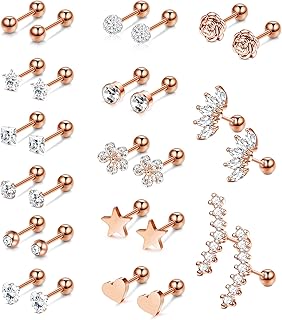 yadoca 14 Pairs Stainless Steel Ear Cartilage Piercing Earrings Helix Tragus Barbell for Women Men Moon Star Heart Flower CZ Stackable Cartilage Earrings Set Silver-tone Rose Gold-tone Rose Gold-tone-picture-53