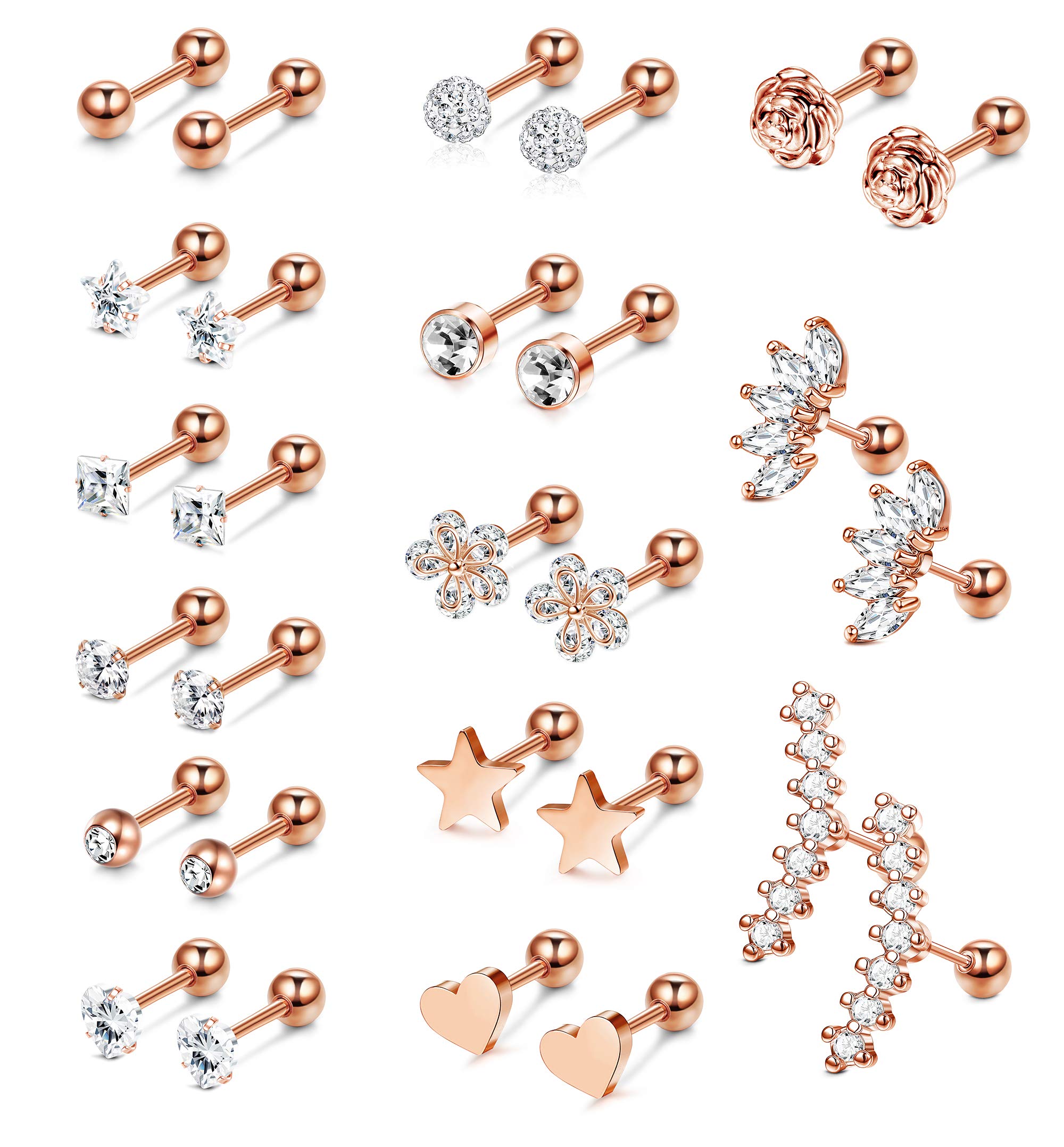 14 Pairs Stainless Steel Ear Cartilage Piercing Earrings Helix Tragus Barbell for Women Men Moon Star Heart Flower CZ Stackable Cartilage Earrings Set Silver-tone Rose Gold-tone Rose Gold-tone