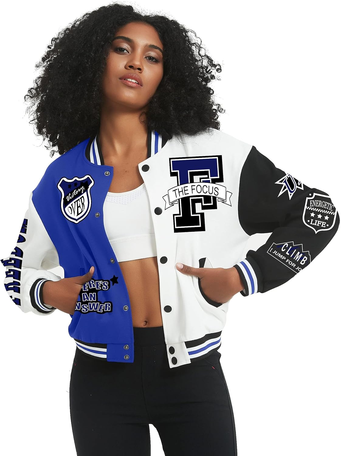 Flygo Women's Cropped Varsity Jacket Baseball Jacket Colorblock Letter Print Y2k Button Down Bomber Uniform - Image 3