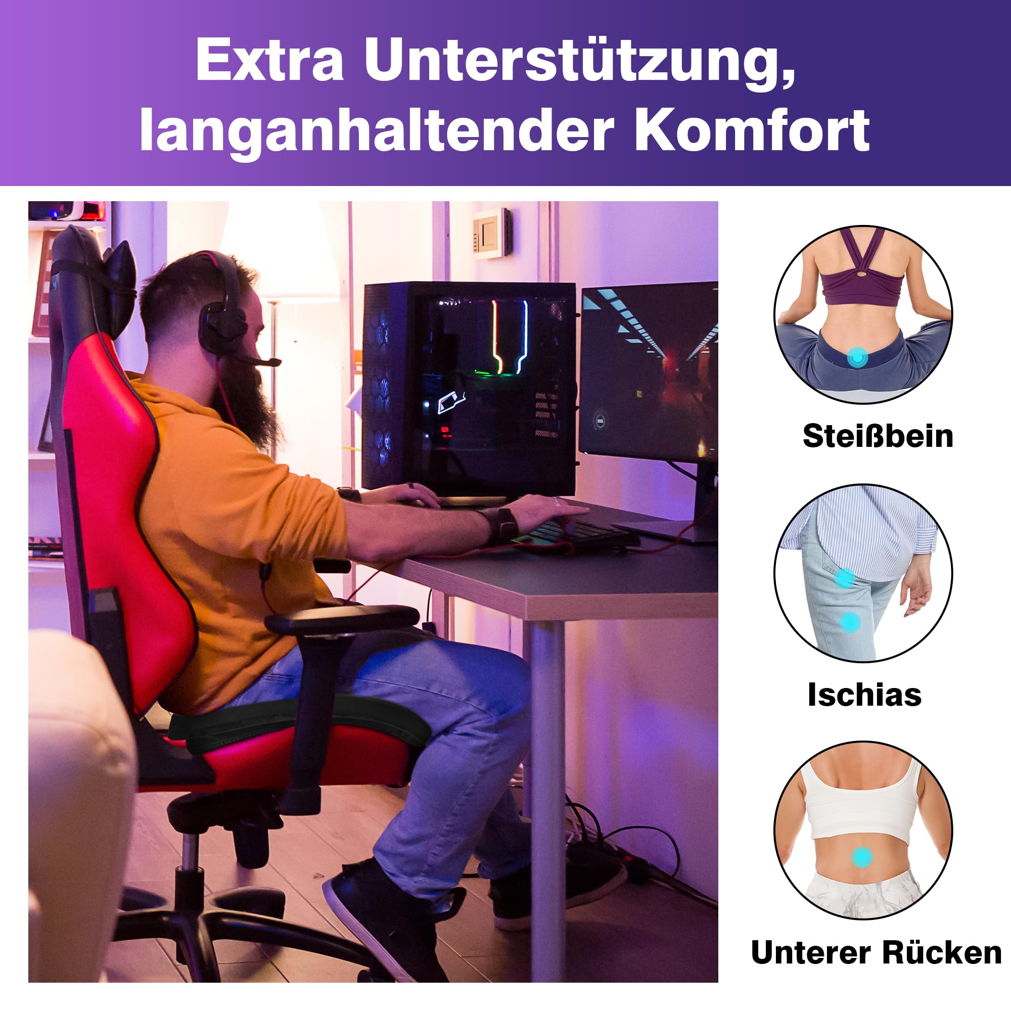 Gaming-Stuhlkissen für langes Sitzen, Kissen zur Linderung von Steißbeinschmerzen für Bürostühle (schwarz)