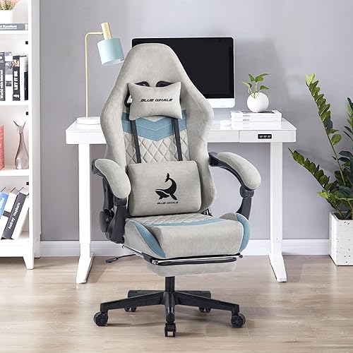 Miniatura 2 de Silla de juegos Blue Whale para adultos 350lbs, silla de computadora con soporte lumbar ajustable, reposacabezas y reposapiés, silla