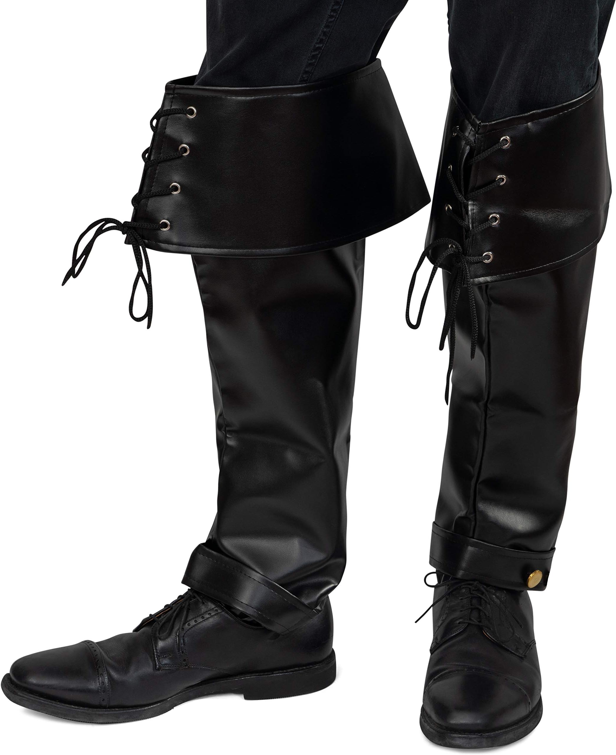 Faux Leather Pirate Boots - Over The Shoe Black Costume Boots Accessories with Cuffs and Laces for Medieval and Renaissance Costumes for Adults and Children, Black, Large