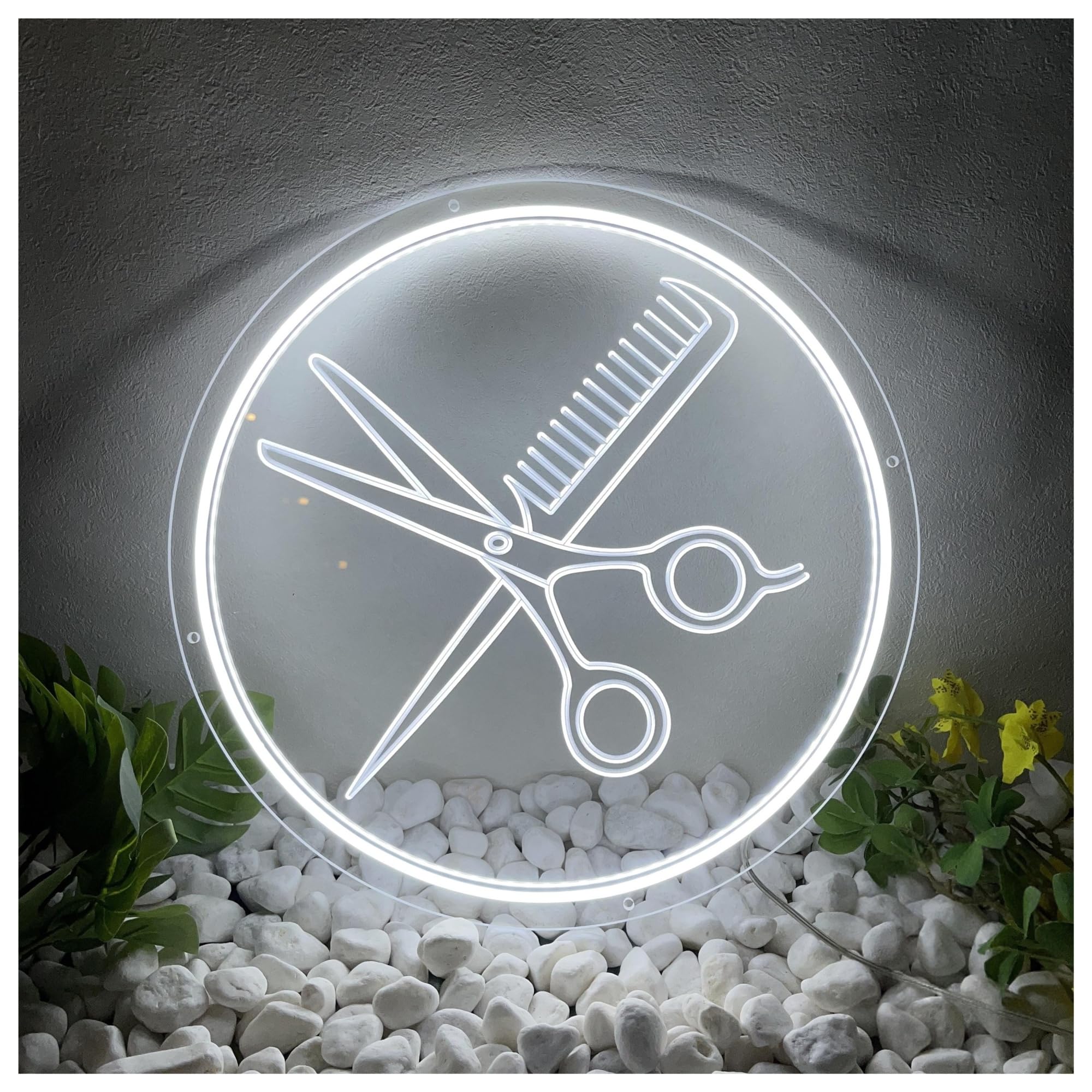 RONGCH Hanging Art Signs Hair Salon Neon Sign Scissors & Comb Wall Decor Gameroom Bedroom Bar Livingroom Birthday Party Decoration 40cm