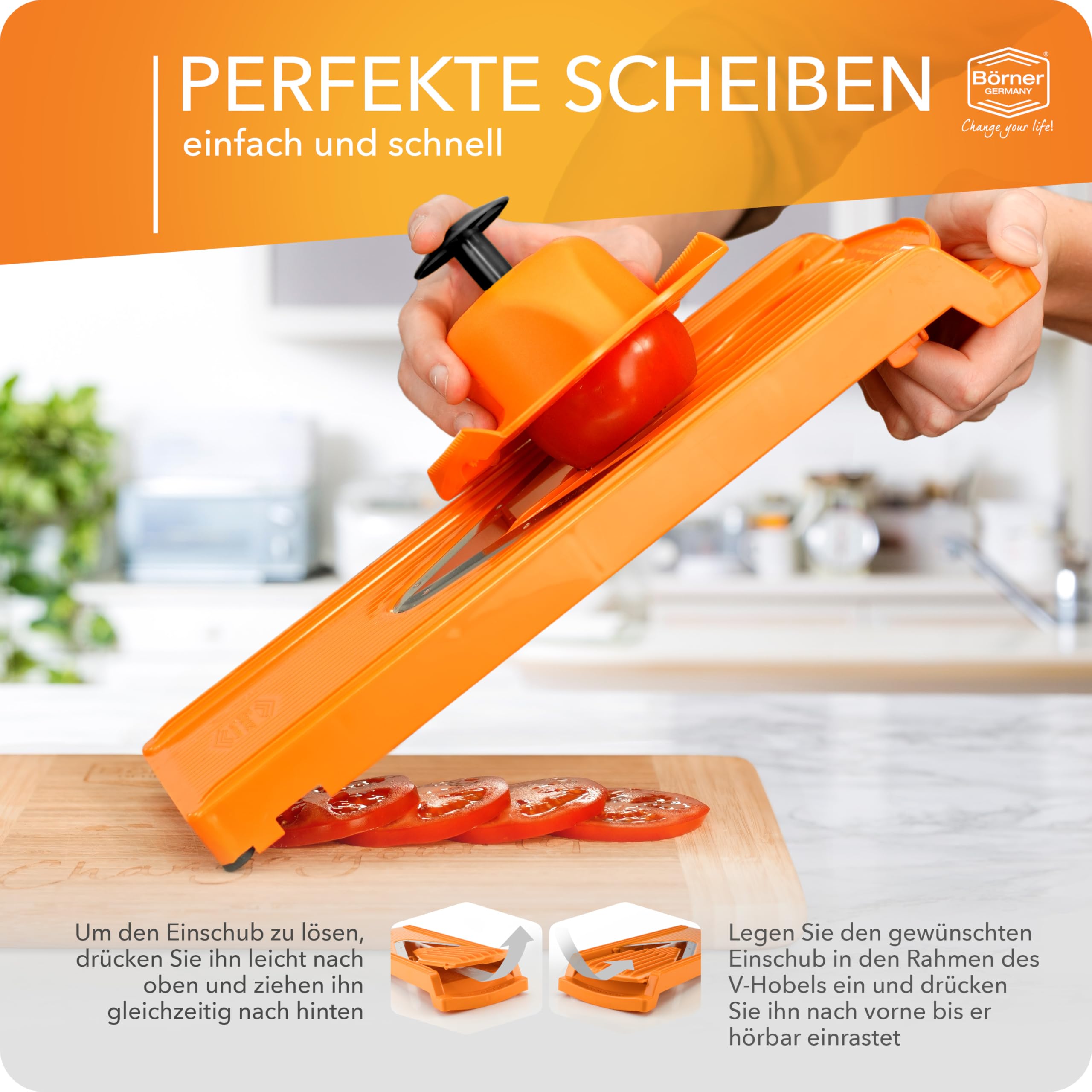 Börner Gemüsehobel V3 (Profi Set) • Multifunktionaler Gemüseschneider für Scheiben, Julienne, Würfel • Verstellbarer V-Hobel • Edelstahl V-Klinge • Küchenhobel Set • Farbe: Orange