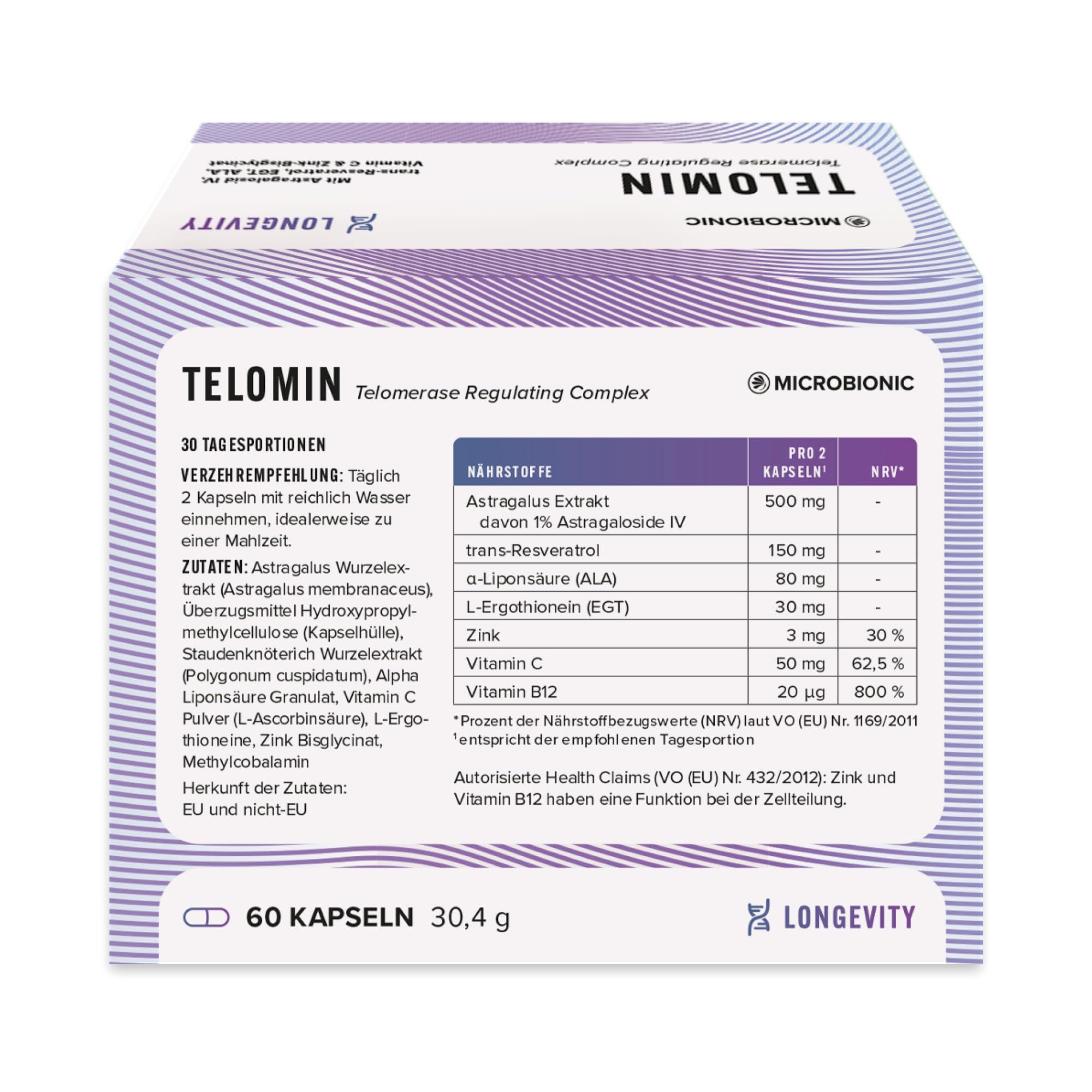 Telomin Longevity Nahrungsergänzung by MICROBIONIC | 60 Kapseln mit Astragalus-Wurzelextrakt | für Zellschutz, Regeneration, sowie Energie und Vitalität | made in Germany