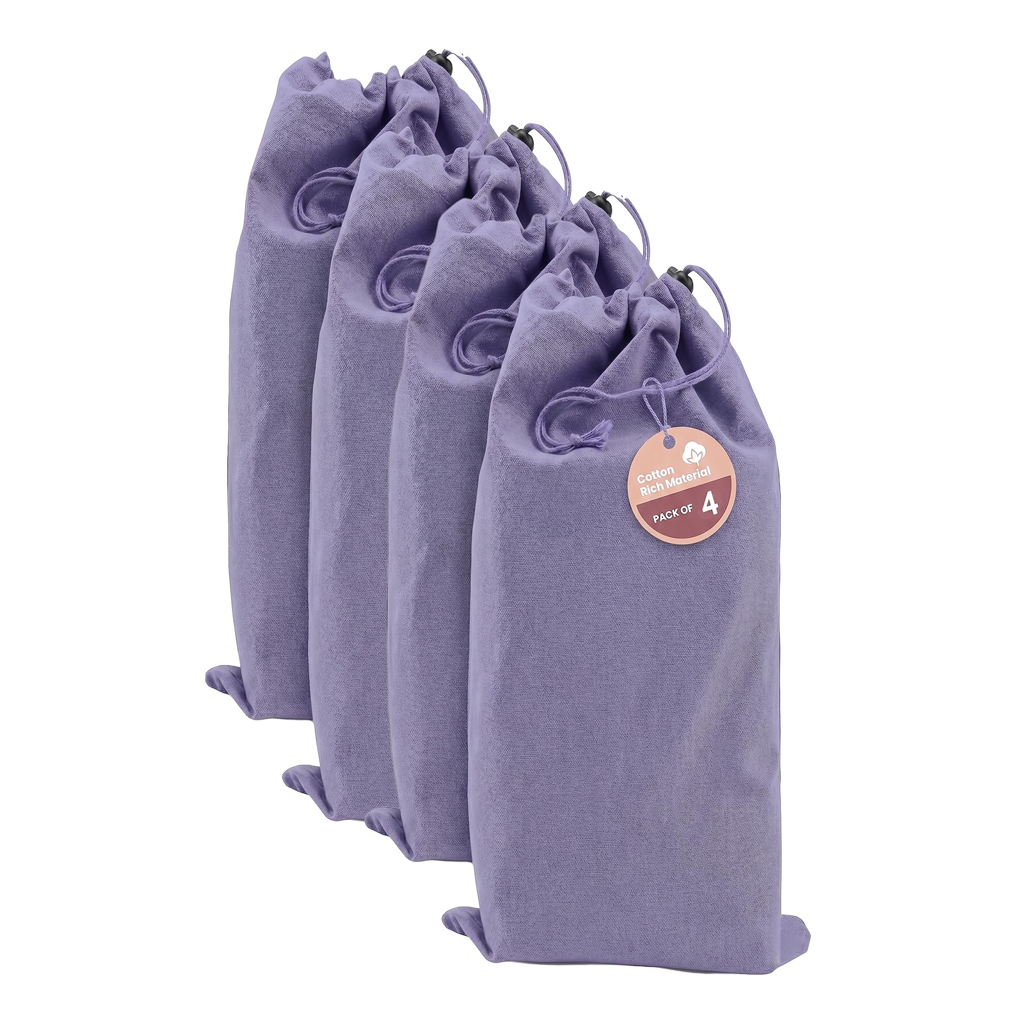 LFH Cotton Rich Shoe Storage Bags with Drawstring, Dustproof Breathable Reusable Organizer, Perfect For Travel, Dorm, Hotel, College, Gym, Easy to Carry, Machine Washable 8"x17" (Pack of 4) - Lavender