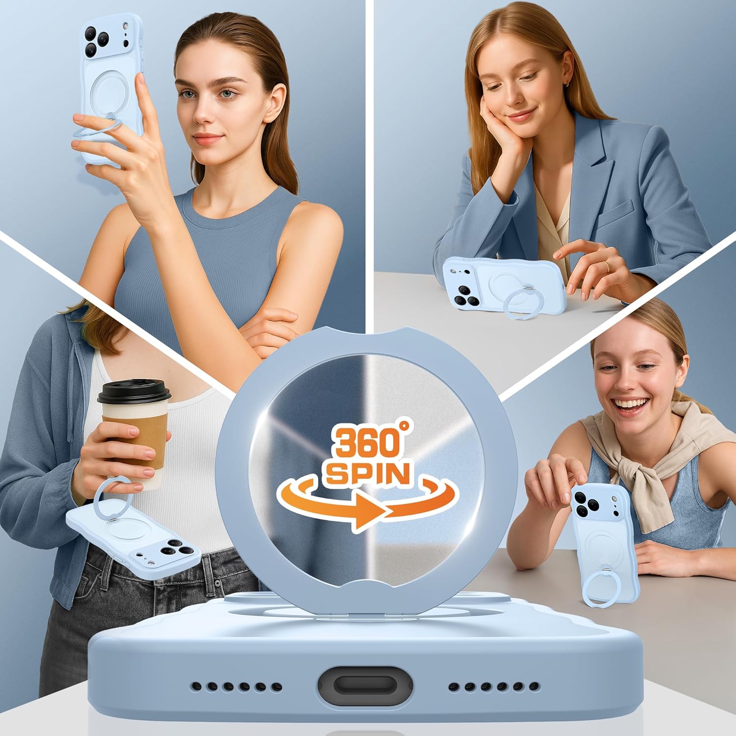 GolbinBox for iPhone 17 Pro Case for Women,[Compatible with Magsafe][360° Spin Magnetic Stand][Cute Wave Edge][Military-Grade Protection] Translucent Matte Phone Case for iPhone 17 Pro,Baby Blue - Image 4