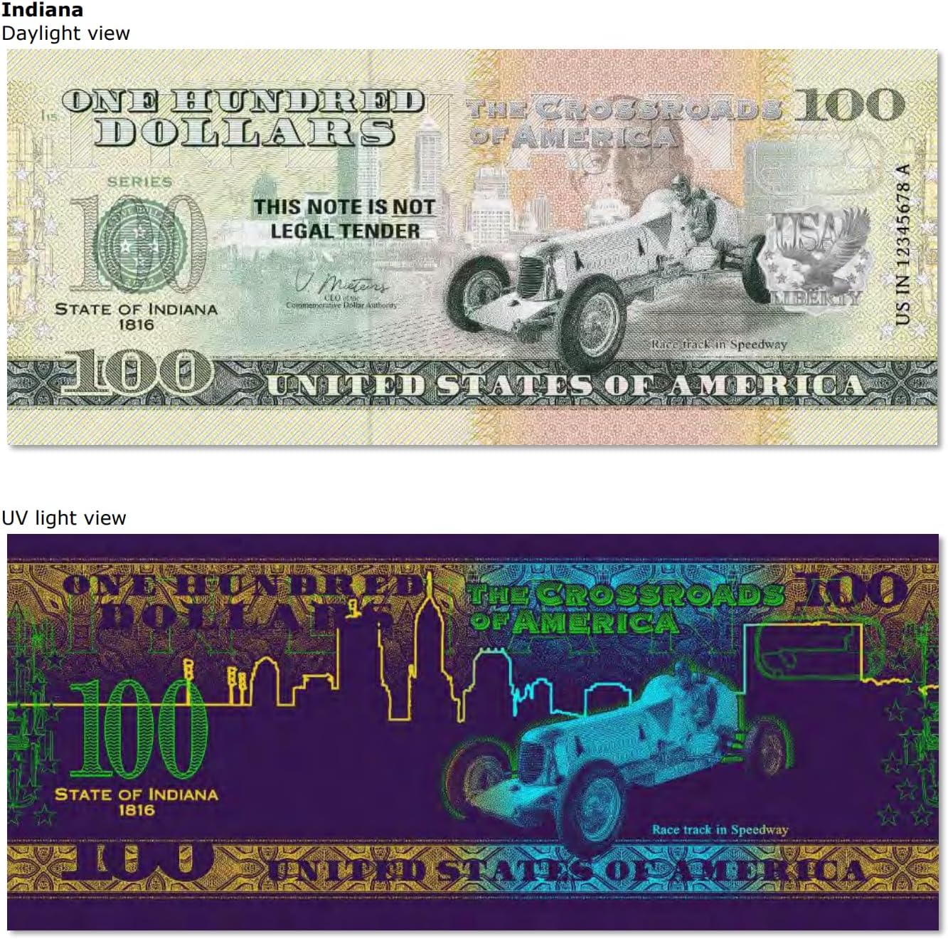 HOBBY OF KINGS USA 100 Dollar Note | Indiana Commemorative Souvenir | Carl Fisher Portrait | Indianapolis Speedway | Collector's Album | The 50 U.S. States Edition image 5
