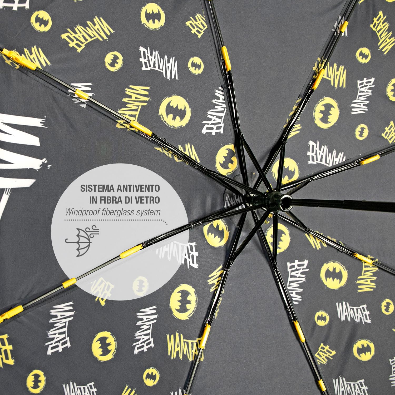 PERLETTI Batman Kompaktowa Parasolka dla Dzieci Solidny Czarny Biały Żółty - Mini Parasol Składany Wiatroodporny Podróżny Kieszonkowy Odporny do Szkoła - Manualny System Otwierania - Średnica 91 cm