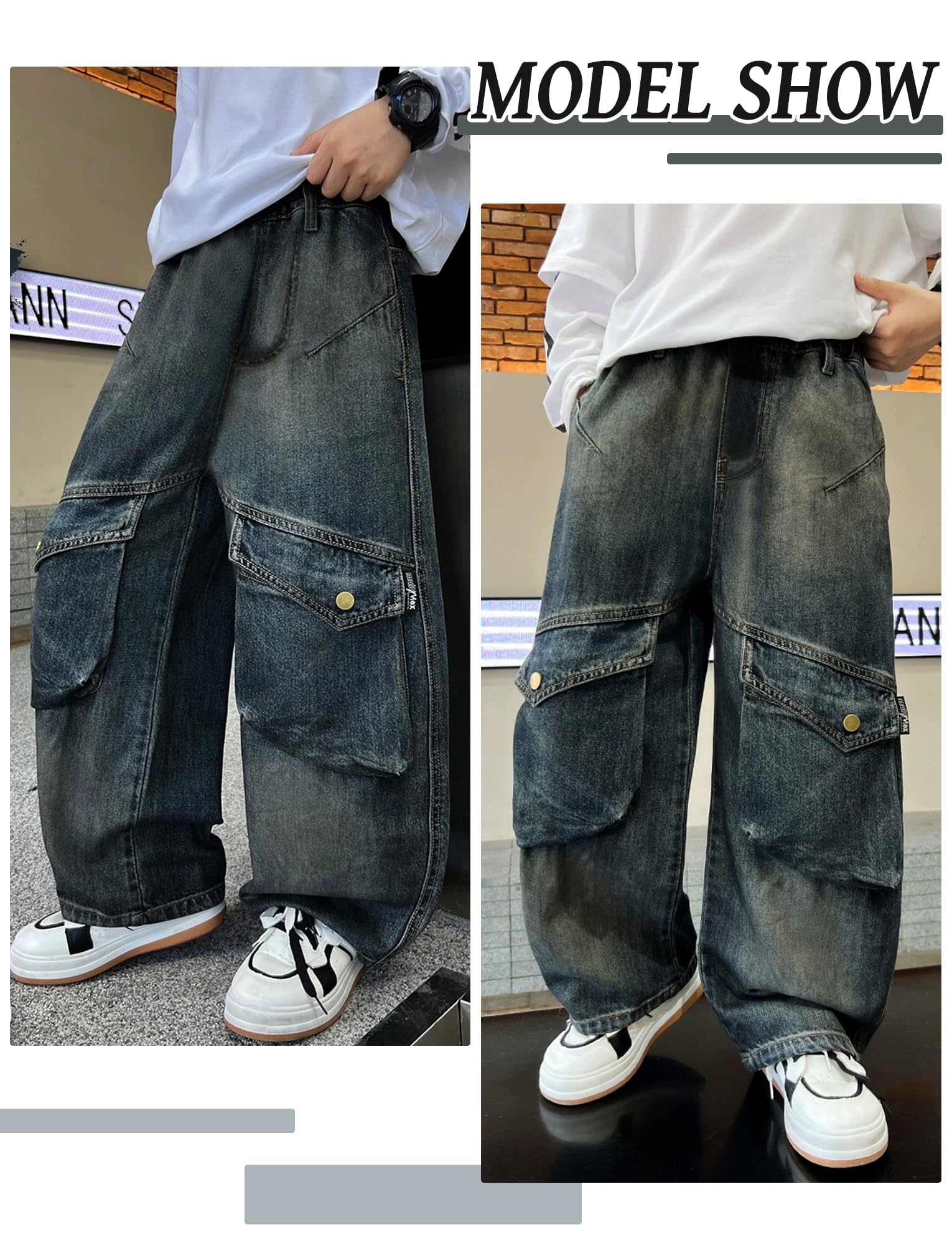 Happy Cherry - Vaqueros Cargo Niño Pantalones de Denim Holgados Pantalón de Mezclilla Ancho Algodón Estilo Callejero Jeans Vintage Infantil para Verano Primavera Otoño Invierno - 110-164