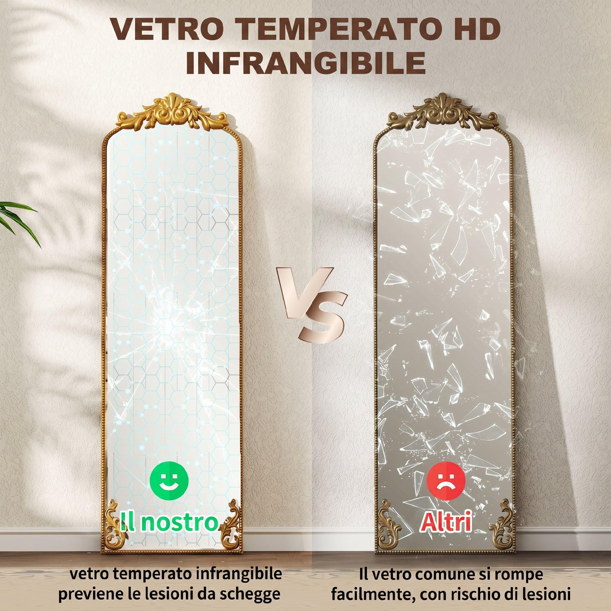 HOMCOM Specchio da Terra Stile Barocco 50x160 cm Parete Autoportante Oro | Figura Intera, Cornice in Metallo, Camera da Letto, Soggiorno, Ingresso