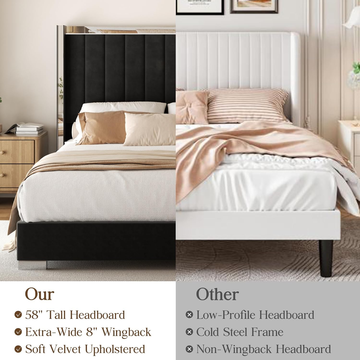 Full Bed Frame with 58" High Headboard, Chenille Platform Bed Frame with Comfortable Upholstered Headboard, Mattress Foundation, No Box Spring Required, Black