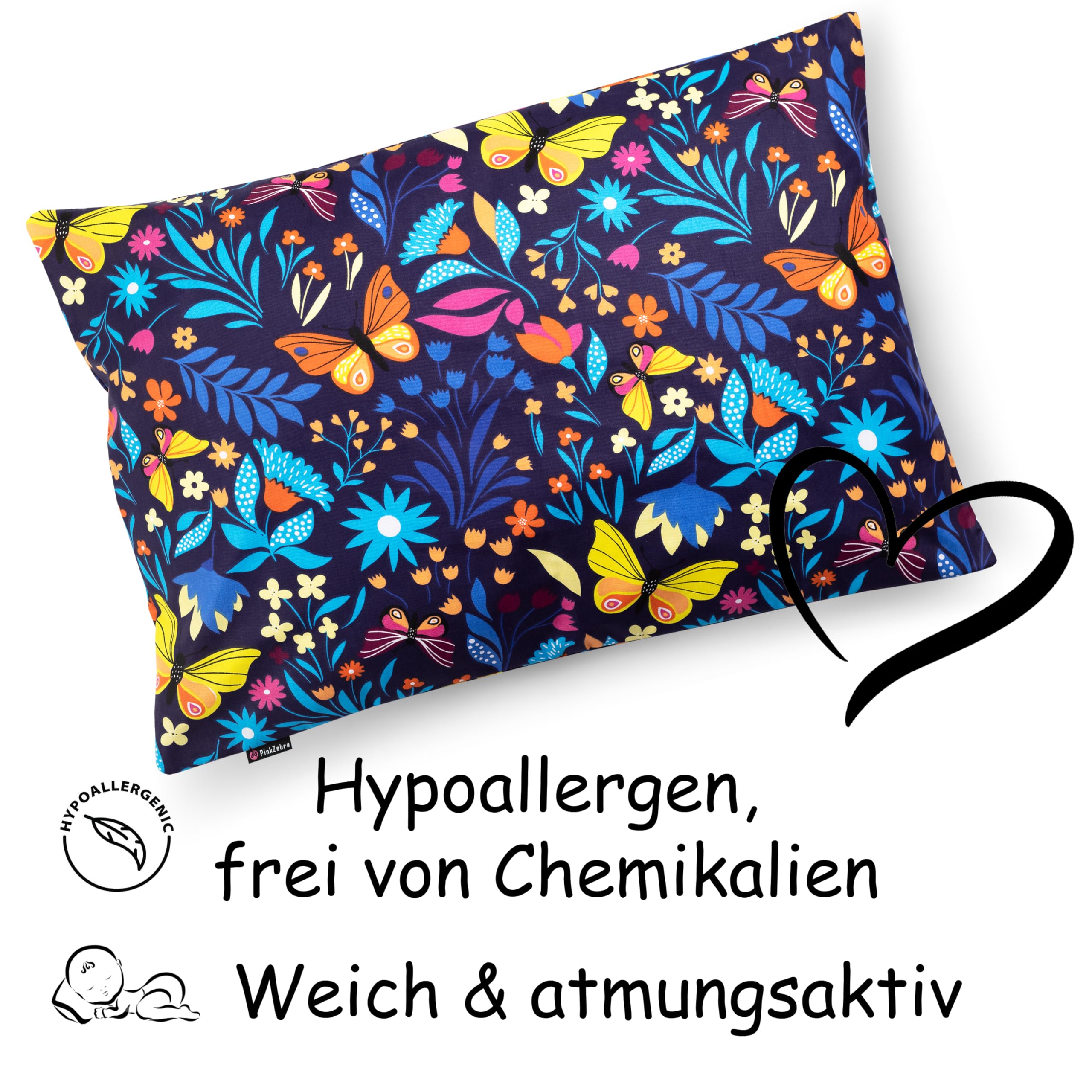 PinkZebra Kopfkissenbezug, Kissenbezug 60 x 80 cm aus 100% Baumwolle, Kissenhülle, Öko-tex Standard 100, Kinderbezüge mit Reißverschluss, Schmetterlinge Bunt