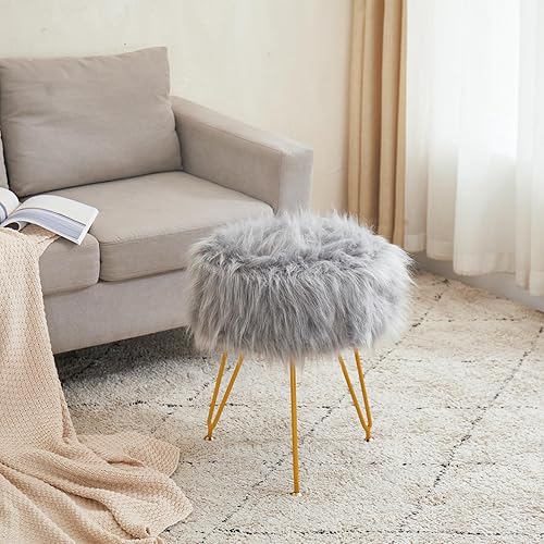 Miniatura 6 de Taburete de tocador de piel sintética, taburete de maquillaje otomano peludo, taburete redondo tapizado con 4 patas de metal y pies ajustables para