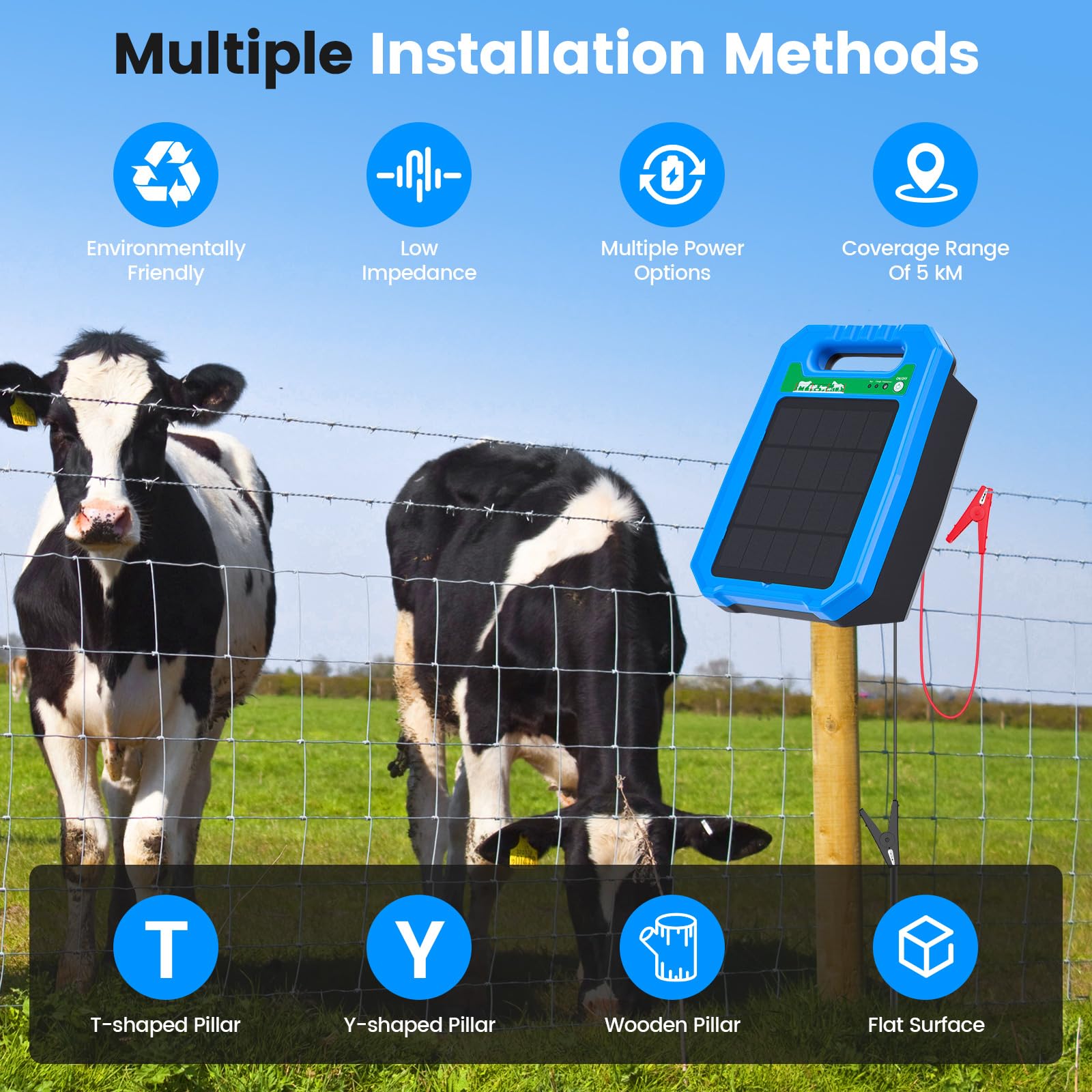 Pastor Eléctrico Solar 5KM, 0,2J Salida 8kV Impulso, Pastor Eléctrico con Panel Solar y Batería, IP55 Impermeable, Protección 24/7 para Ganado, Caballos, Aves de Corral