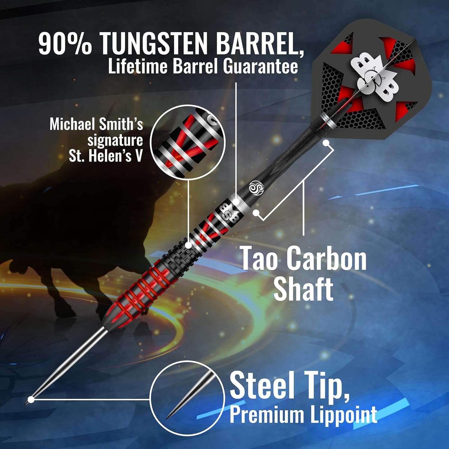 Shot! Darts Steel Tip, Michael Smith Tenacious (23g/24g/25g), 90% Tungsten Barrel, Front Weighted, Handcrafted Professional Dart Set & Flights Made in New Zealand, Metal Tip for Bristle Dartboard
