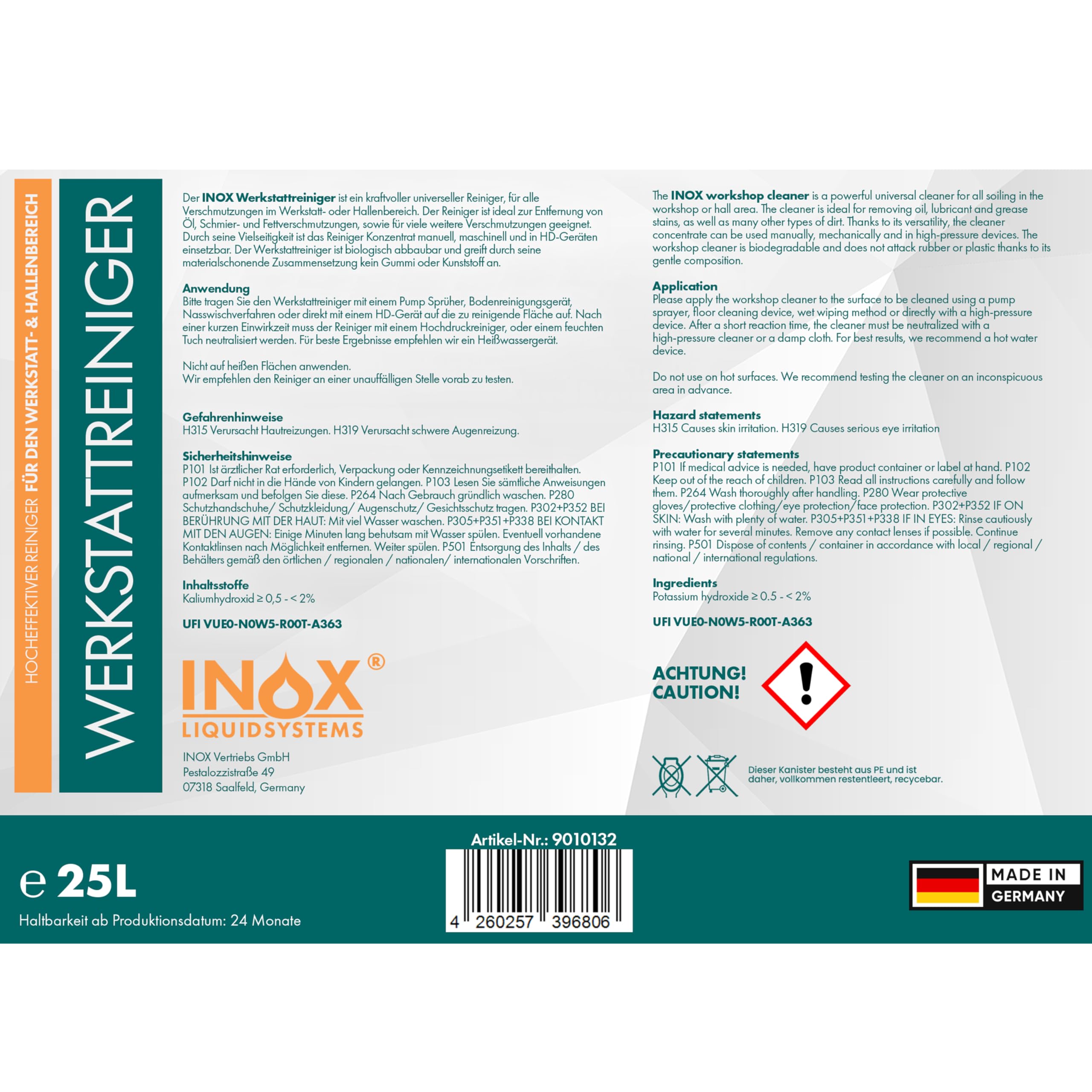 INOX® WS Werkstattreiniger Konzentrat, Reinigungsmittel für Hochdruckreiniger - 25 L