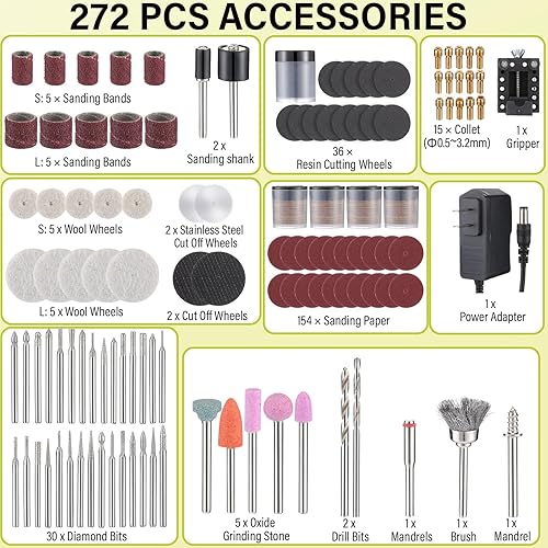 Miniatura 2 de Threlaco Mini kit de herramientas rotativas con 272 accesorios, 12 V, 18000 rpm, pequeño bolígrafo de grabado de energía eléctrica, herramientas
