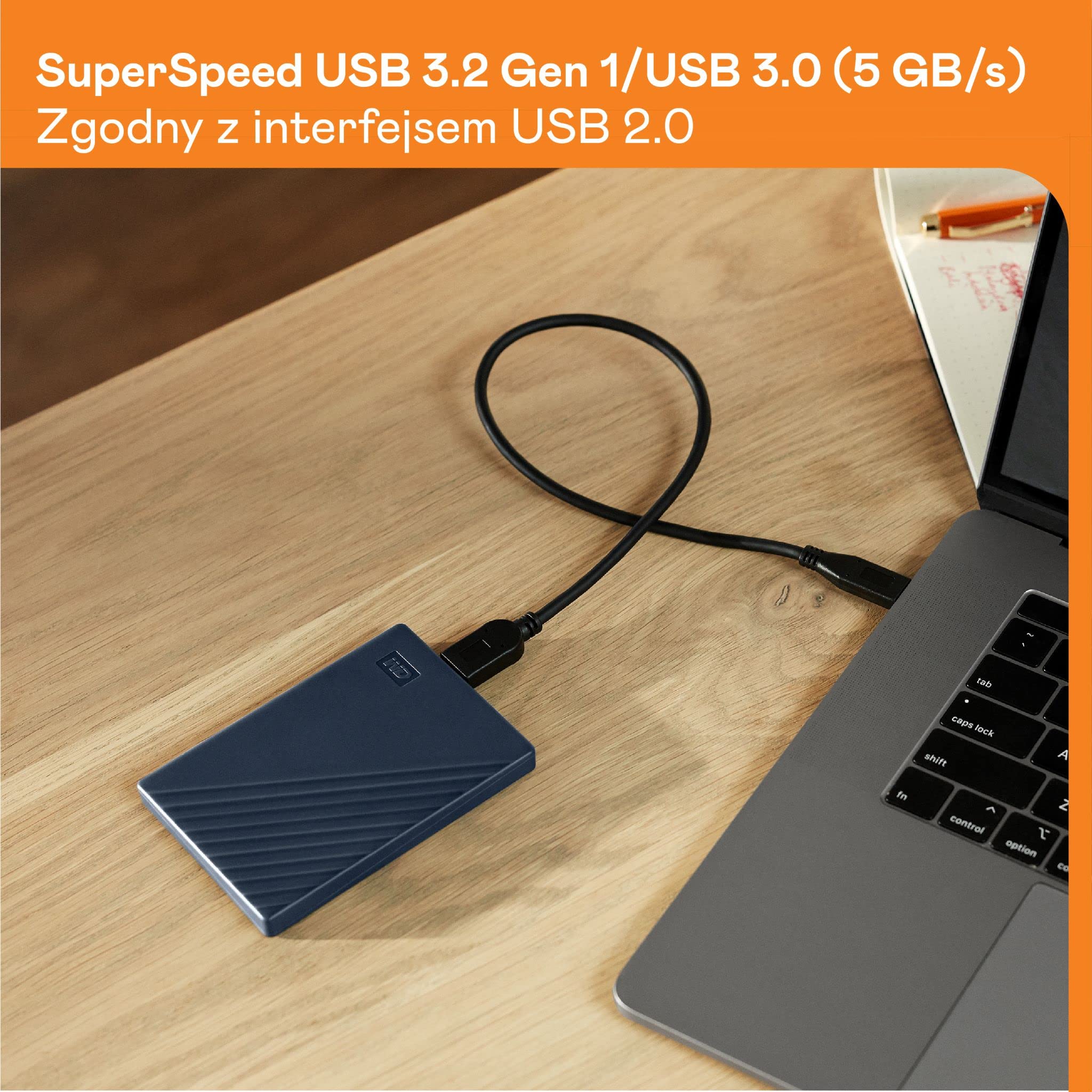 WD My Passport do komputera Mac 4TB, przenośny zewnętrzny dysk twardy, USB 3.2 Gen 1/USB 3.0, ochrona hasłem, oprogramowanie do tworzenia kopii zapasowej, sformatowany dla systemu MacOS, granatowy